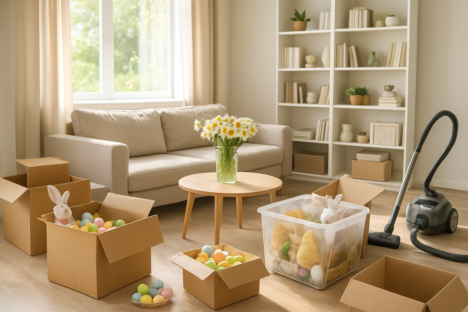Create a realistic image of a bright, clean living room in the middle of being reorganized with storage boxes, Easter decorations being packed away in containers, furniture slightly rearranged, a vacuum cleaner visible, fresh flowers in a vase, natural sunlight streaming through windows creating a fresh spring atmosphere, organized shelving with neatly arranged books and decor items, and a sense of renewal and fresh beginnings, absolutely NO text should be in the scene.