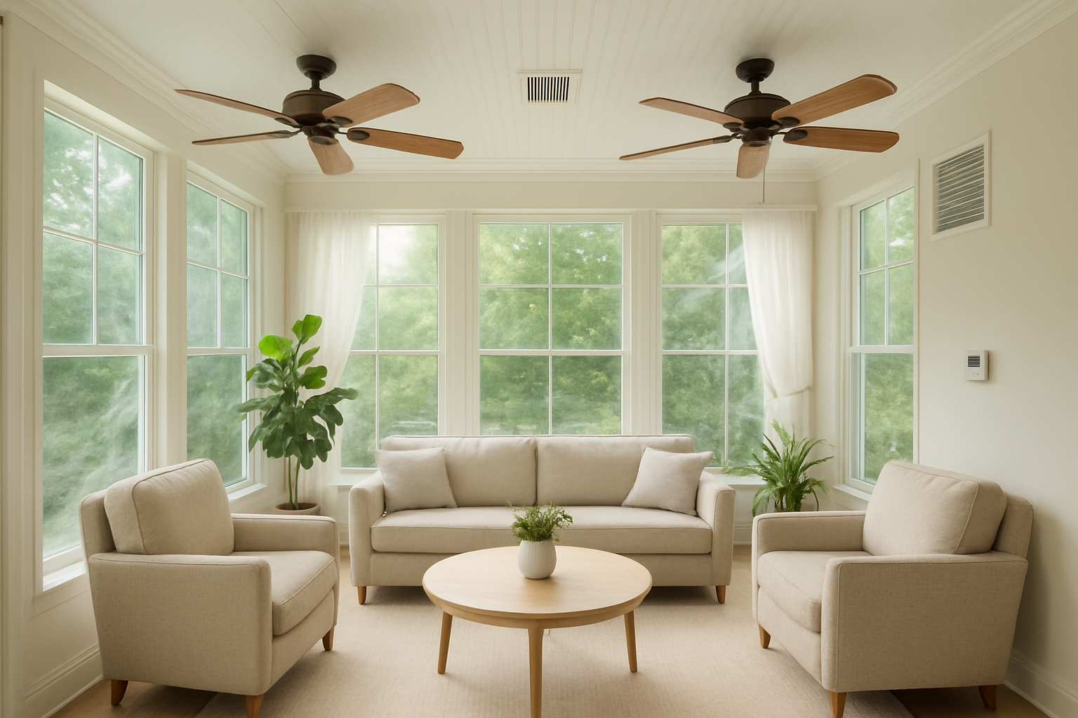 Create a realistic image of a bright sunroom interior featuring multiple ventilation elements including ceiling fans with wooden blades, wall-mounted vents, and operable windows with visible airflow indicators like subtle curtain movement, large glass panels allowing natural light to flood the space, comfortable seating arrangements with cushioned furniture, indoor plants thriving in the well-ventilated environment, temperature control devices mounted on walls, clean modern design with neutral tones, peaceful and comfortable atmosphere suggesting optimal climate control, absolutely NO text should be in the scene.