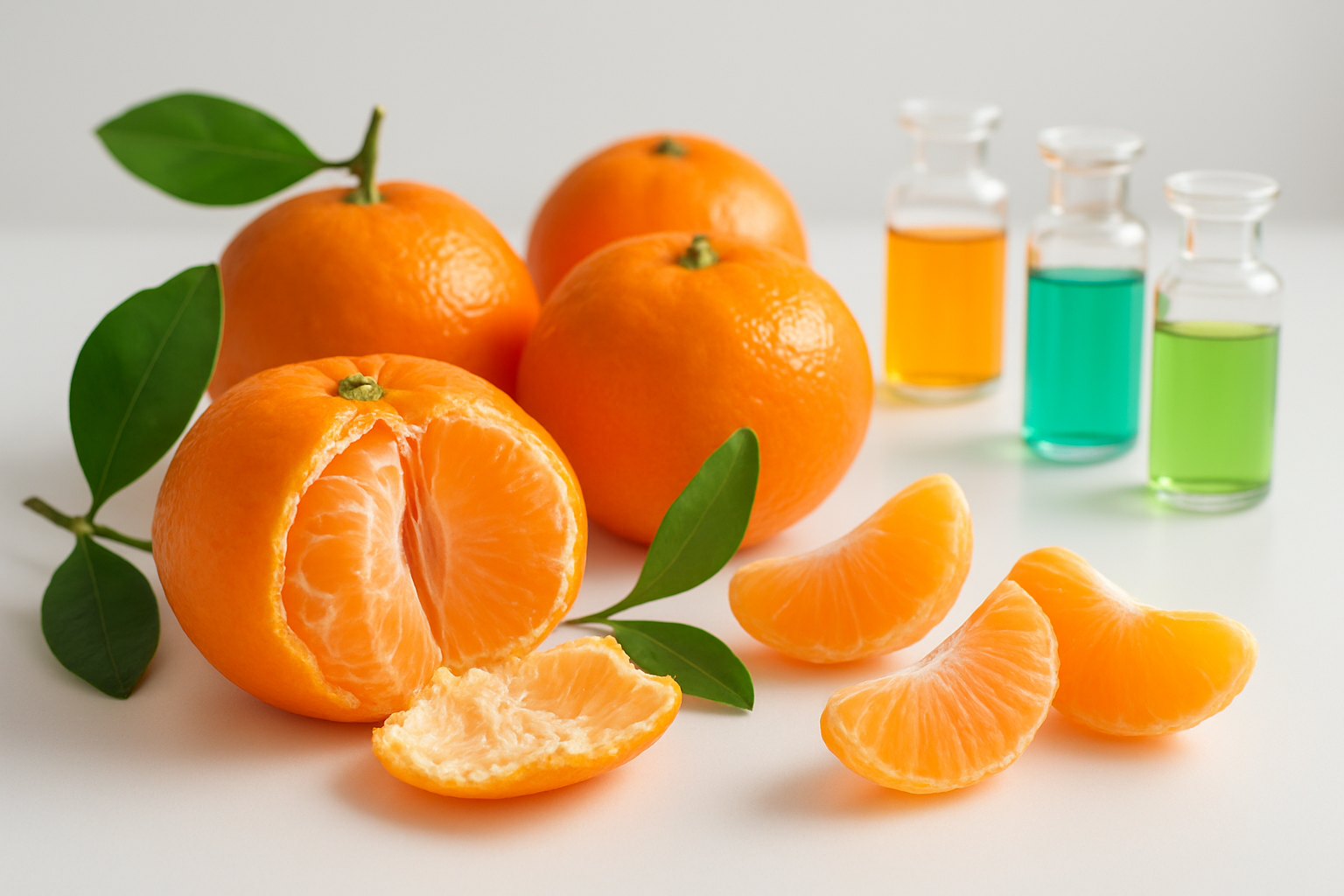 Create a realistic image of fresh tangerines arranged on a clean white surface with some peeled segments displayed nearby, alongside subtle visual representations of vitamins and nutrients such as small glass vials with colorful liquids, a few green leaves for freshness, and soft natural lighting that highlights the vibrant orange color and texture of the fruit, with a bright, clean background that suggests health and wellness. Absolutely NO text should be in the scene.
