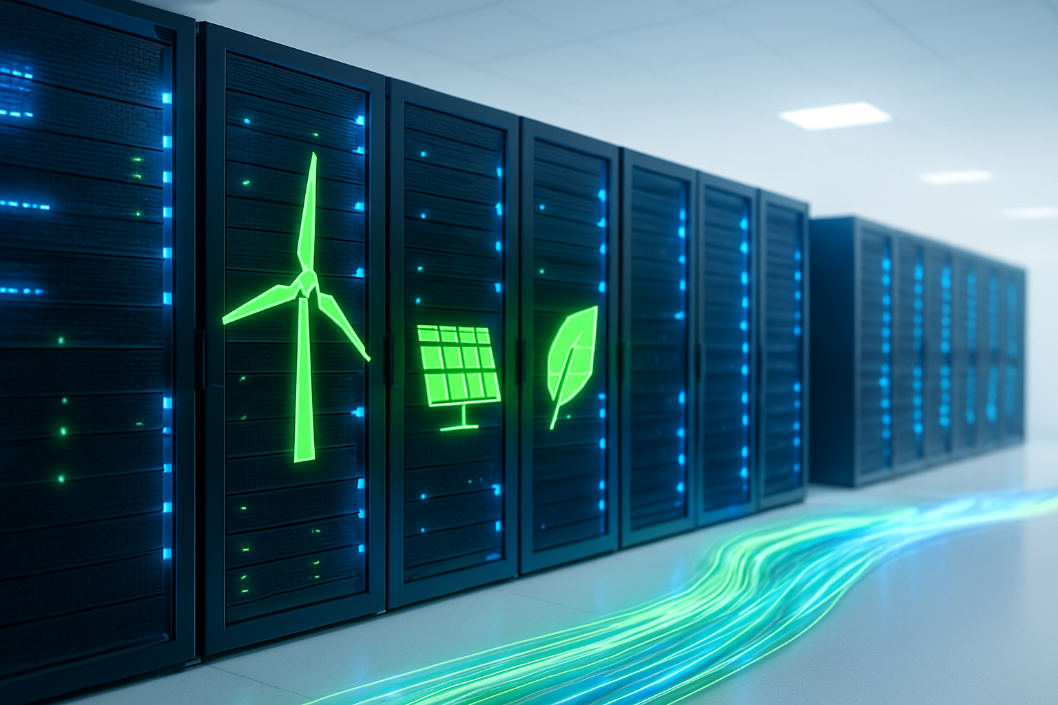 Create a realistic image of a modern data center server room with rows of sleek black servers illuminated by cool blue LED lights, featuring prominent green renewable energy symbols like wind turbines and solar panels integrated seamlessly into the technological infrastructure, with fiber optic cables glowing softly in green and blue hues representing sustainable data flow, set against a clean white background that transitions into a subtle gradient suggesting hope and innovation, with some servers displaying small green indicator lights to symbolize eco-friendly operations, the overall lighting should be bright and optimistic with a balance of cool technological blues and warm environmental greens, absolutely NO text should be in the scene.