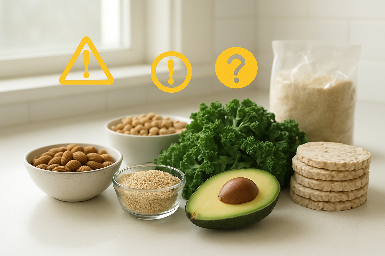 Create a realistic image of various healthy foods like nuts, quinoa, avocados, kale, and gluten-free products arranged on a clean white kitchen counter, with subtle warning symbols or question marks floating above some items, soft natural lighting from a nearby window, creating a concerned but informative mood about potential hidden allergens in seemingly healthy foods, absolutely NO text should be in the scene.