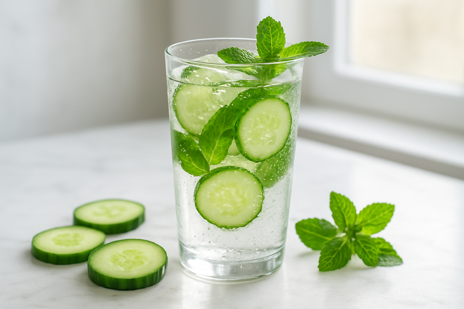 Create a realistic image of a tall glass filled with sparkling water, fresh cucumber slices, and vibrant green mint leaves, with condensation droplets on the outside of the glass, placed on a clean white marble countertop with soft natural lighting streaming from a window, surrounded by fresh cucumber slices and mint sprigs as garnish, creating a refreshing and energizing atmosphere perfect for a homemade drink, absolutely NO text should be in the scene.