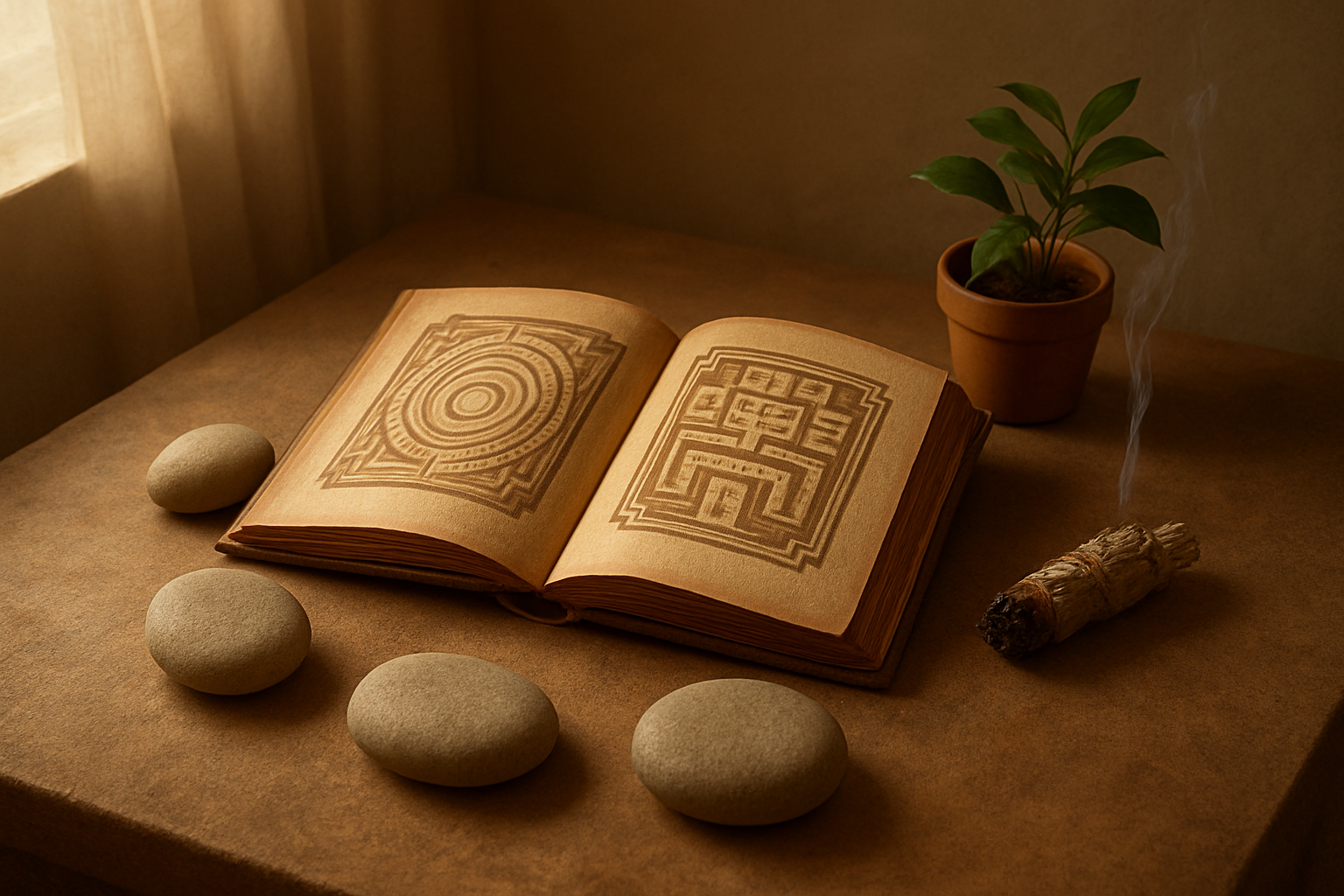 Create a realistic image of a serene meditation space with an open ancient book displaying symbolic Toltec-inspired geometric patterns, surrounded by four smooth river stones arranged in a circle representing the four agreements, soft natural lighting filtering through a window casting gentle shadows, a small potted plant and burning sage bundle nearby, warm earth tones of brown, beige, and soft gold creating a peaceful atmosphere of wisdom and mental clarity, shot from a slightly elevated angle to show the harmonious arrangement of all elements, absolutely NO text should be in the scene.