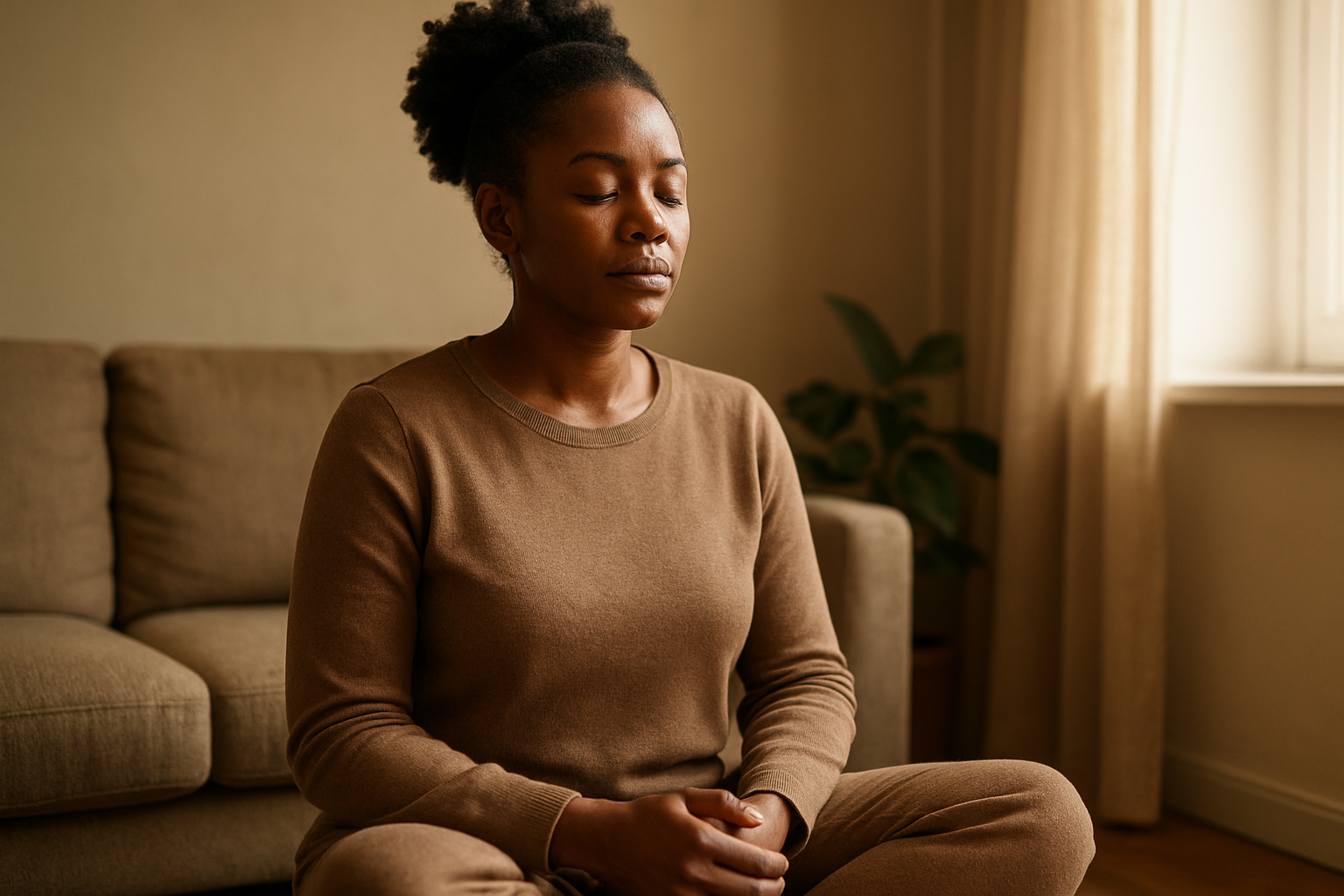 Create a realistic image of a black female single mother sitting peacefully in a softly lit living room, her eyes closed in a moment of quiet meditation or deep breathing, with her hands gently resting on her lap, surrounded by a warm and serene atmosphere with soft natural lighting filtering through a window, featuring muted earth tones and a sense of calm strength radiating from her composed posture, with subtle background elements like a cozy couch and perhaps a plant, emphasizing tranquility and inner resilience, absolutely NO text should be in the scene.