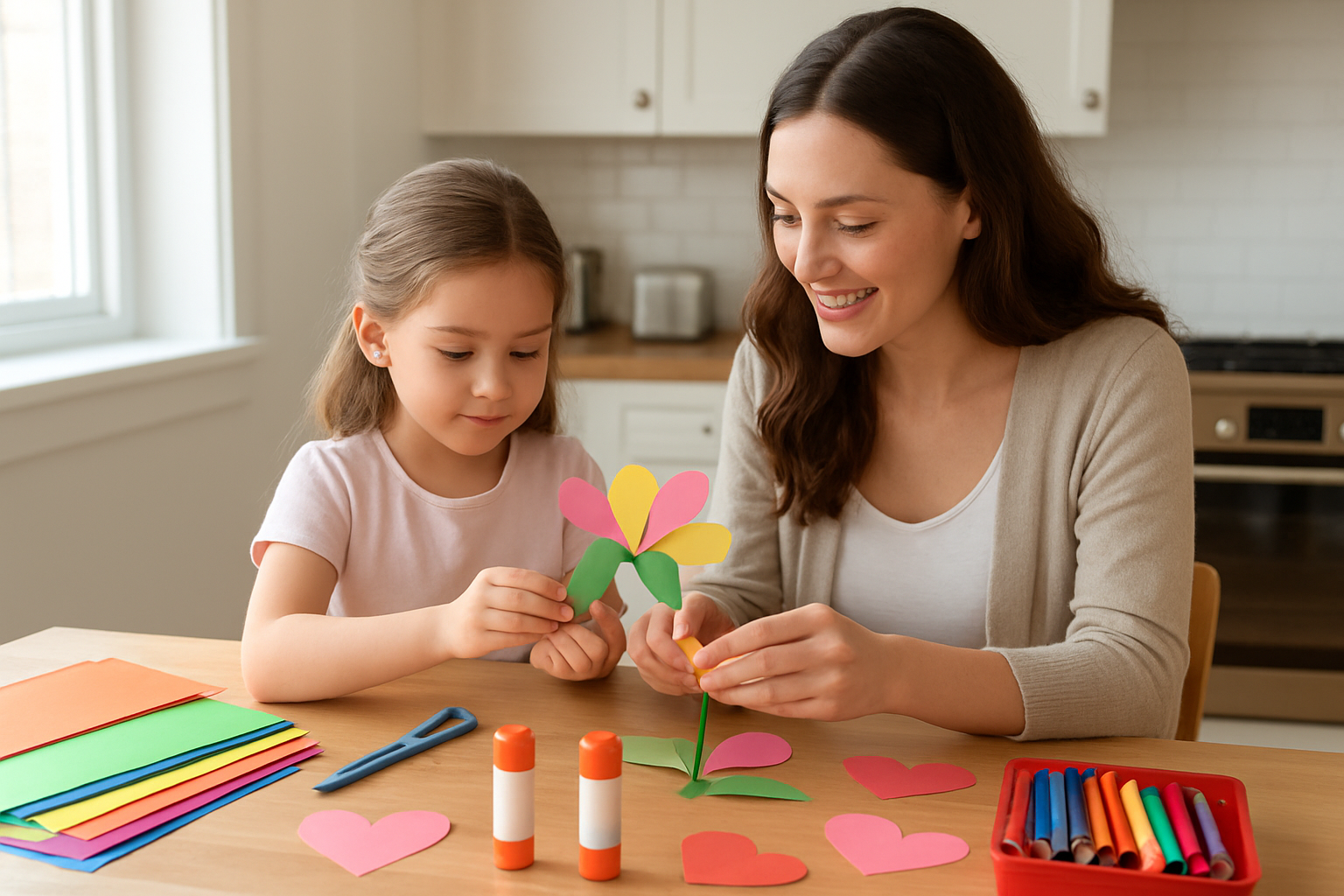 Create a realistic image of a clean kitchen table with simple Mother's Day craft supplies neatly organized including colorful construction paper, child-safe scissors, glue sticks, crayons, and pre-cut heart shapes, with a white female mother and her young white female child sitting together working on a simple paper flower craft, bright natural lighting from a nearby window, cheerful and organized atmosphere with minimal mess, kitchen background with modern appliances visible, absolutely NO text should be in the scene.