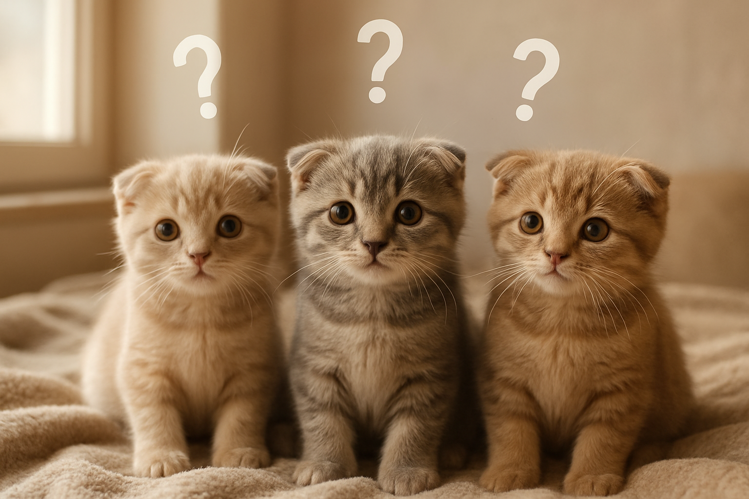 Create a realistic image of adorable Scottish Fold kittens with their characteristic folded ears sitting together on a soft blanket, with question mark symbols floating subtly above them in a warm, cozy indoor setting with natural lighting from a nearby window, conveying a helpful and informative atmosphere perfect for addressing common questions about these kittens, absolutely NO text should be in the scene.