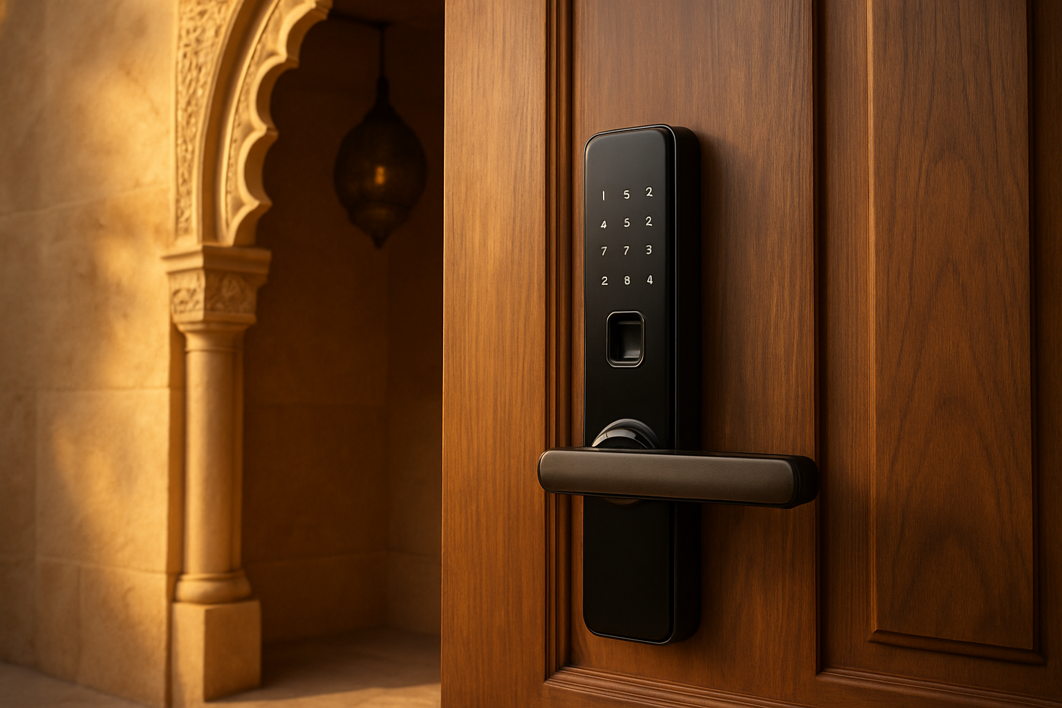 Create a realistic image of a modern UAE residential entrance featuring a sleek smart door lock with digital keypad and fingerprint scanner mounted on a contemporary wooden door, with traditional Middle Eastern architectural elements like ornate door frames and warm sandstone walls in the background, soft golden hour lighting creating an inviting and secure atmosphere, showcasing the perfect blend of cutting-edge technology and regional aesthetic, absolutely NO text should be in the scene.