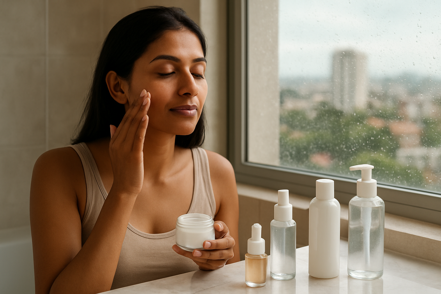 Create a realistic image of a South Asian female applying hydrating skincare products in a modern bathroom setting, with various moisturizers, serums, and water-based skincare bottles arranged on a marble countertop, soft natural lighting streaming through a window showing Bangalore's urban skyline with its characteristic mix of greenery and buildings, water droplets on glass surfaces suggesting humidity, and a subtle warm atmosphere that conveys the city's tropical climate, absolutely NO text should be in the scene.