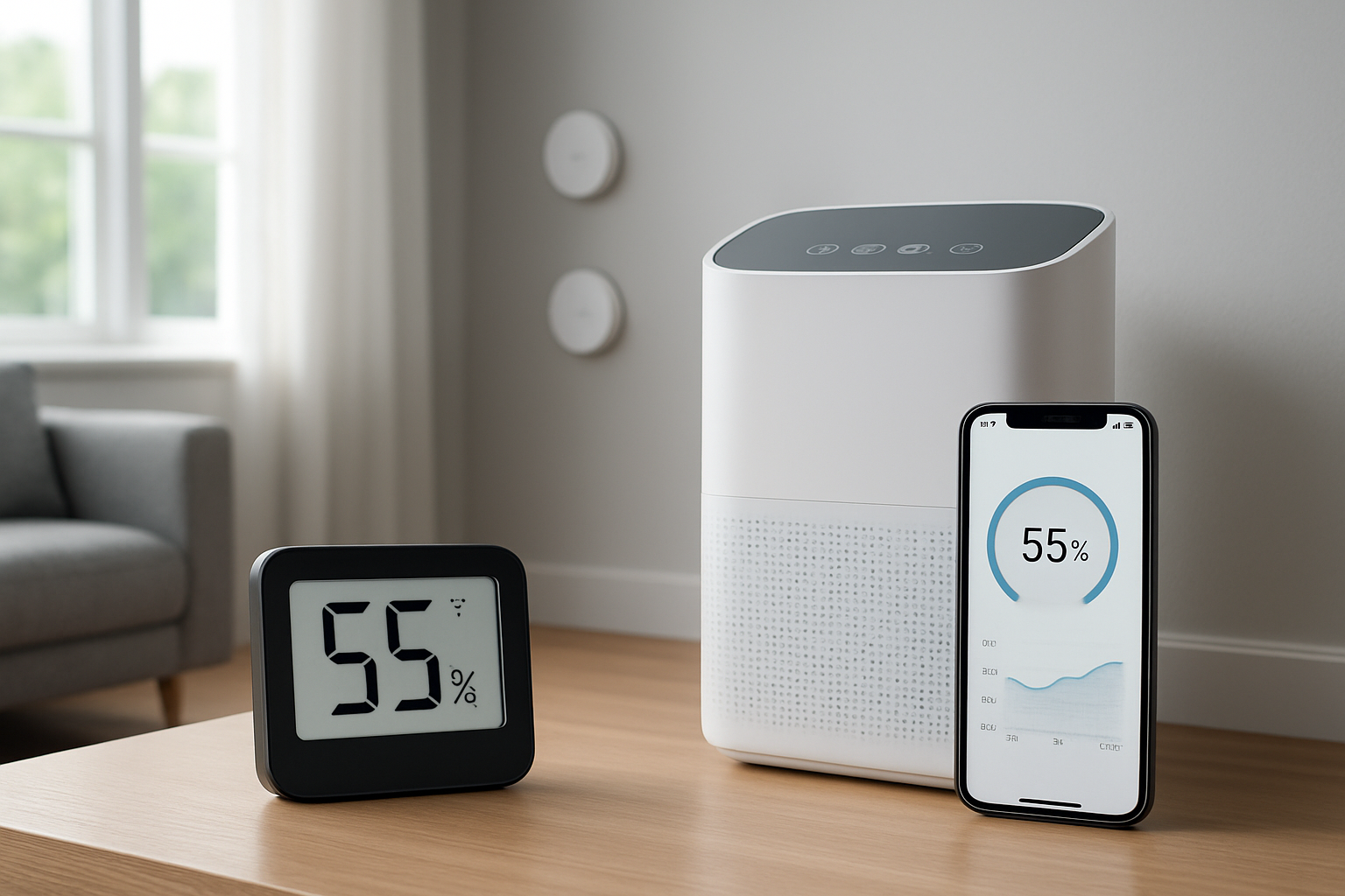 Create a realistic image of modern smart home humidity control devices including a sleek digital hygrometer with LCD display, a white smart dehumidifier with touch panel, smartphone showing humidity monitoring app interface, and wireless sensors mounted on clean interior walls, arranged in a bright contemporary living room with natural lighting from large windows, clean minimalist background with light gray walls and hardwood flooring, professional product photography style lighting that emphasizes the technology features, absolutely NO text should be in the scene.