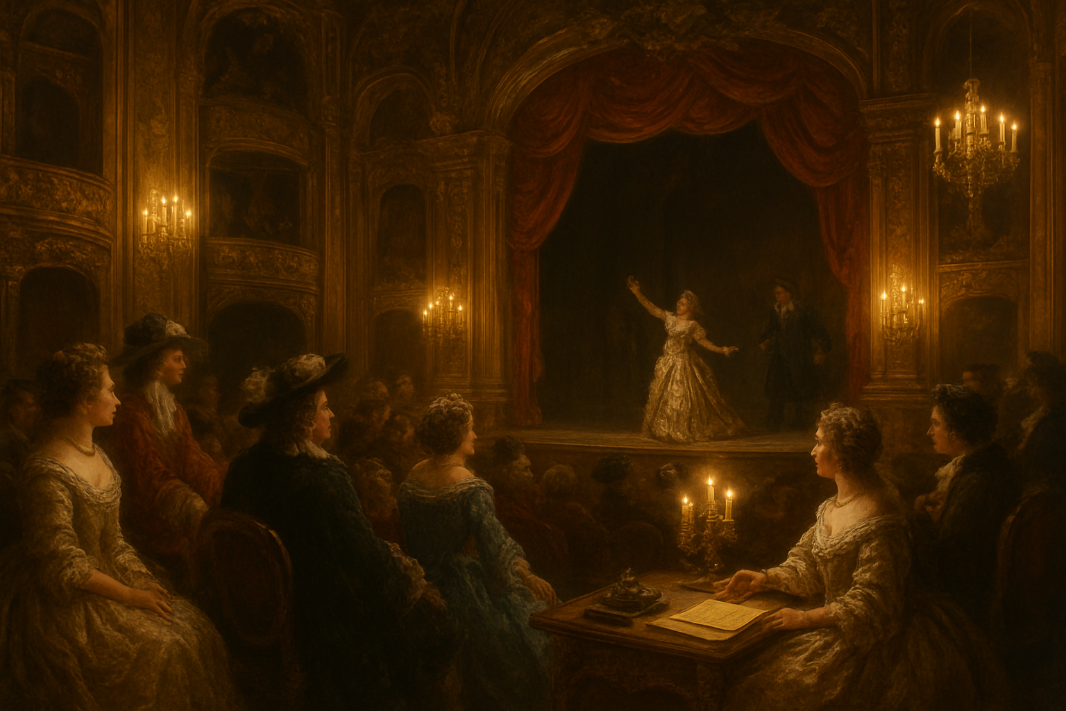 Create a realistic image of a 17th century French theatrical scene showing elegant aristocrats in period costumes watching a dramatic performance, with ornate baroque theater architecture featuring gold decorations and red velvet curtains, candlelit chandeliers casting warm golden light, and classical French cultural elements like scrolls and quill pens scattered on ornate wooden tables, capturing the historical significance and cultural impact of French classical literature. Absolutely NO text should be in the scene.
