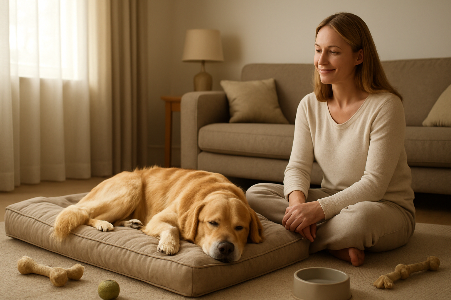 Create a realistic image of a calm and relaxed golden retriever dog lying peacefully on a soft cushion in a serene living room setting, with a white female owner sitting nearby with a gentle, satisfied expression, warm natural lighting streaming through a window creating a tranquil atmosphere, scattered dog toys and a water bowl in the background suggesting successful training completion, soft earth tones and muted colors throughout the scene to convey peace and relaxation, absolutely NO text should be in the scene.