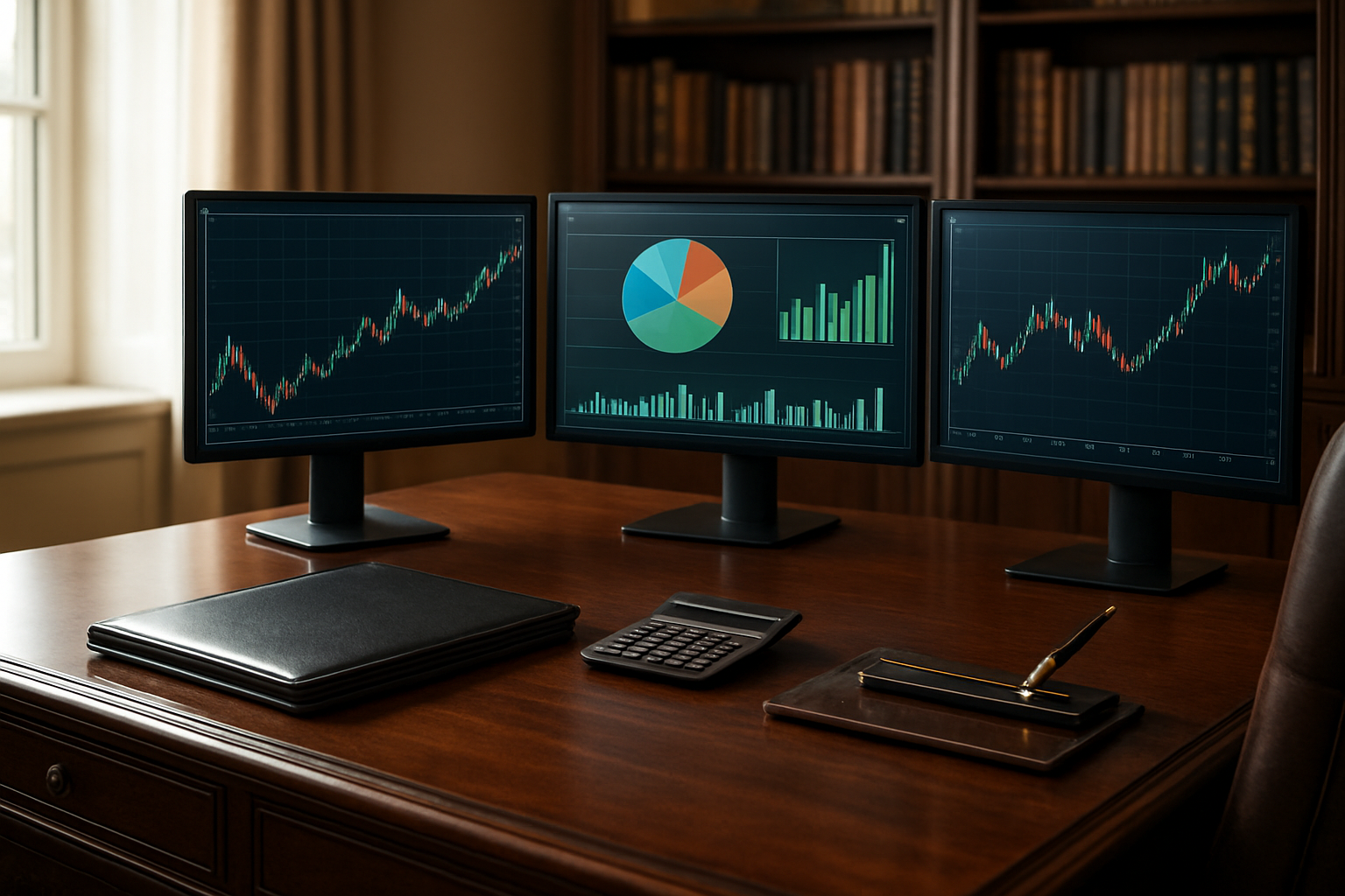 Create a realistic image of a sophisticated home office or financial planning room featuring a polished wooden desk with multiple computer monitors displaying financial charts and portfolio diversification graphs, a leather-bound portfolio folder, calculator, and elegant pen set, with a bookshelf filled with financial literature in the background, soft natural lighting from a window, and a professional atmosphere conveying wealth management and risk assessment, absolutely NO text should be in the scene.