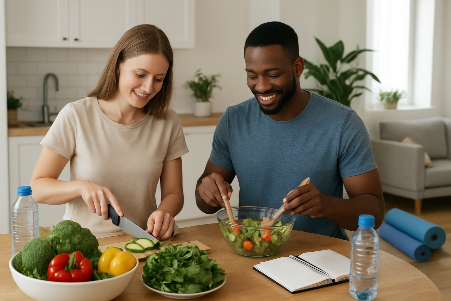 Create a realistic image of a diverse group including a white female and black male engaged in healthy lifestyle activities like meal preparation with fresh vegetables, yoga mats rolled nearby, water bottles, and a journal for habit tracking, set in a bright, naturally lit modern kitchen and living space with plants in the background, conveying a calm and motivational atmosphere of wellness and mindful living, absolutely NO text should be in the scene.