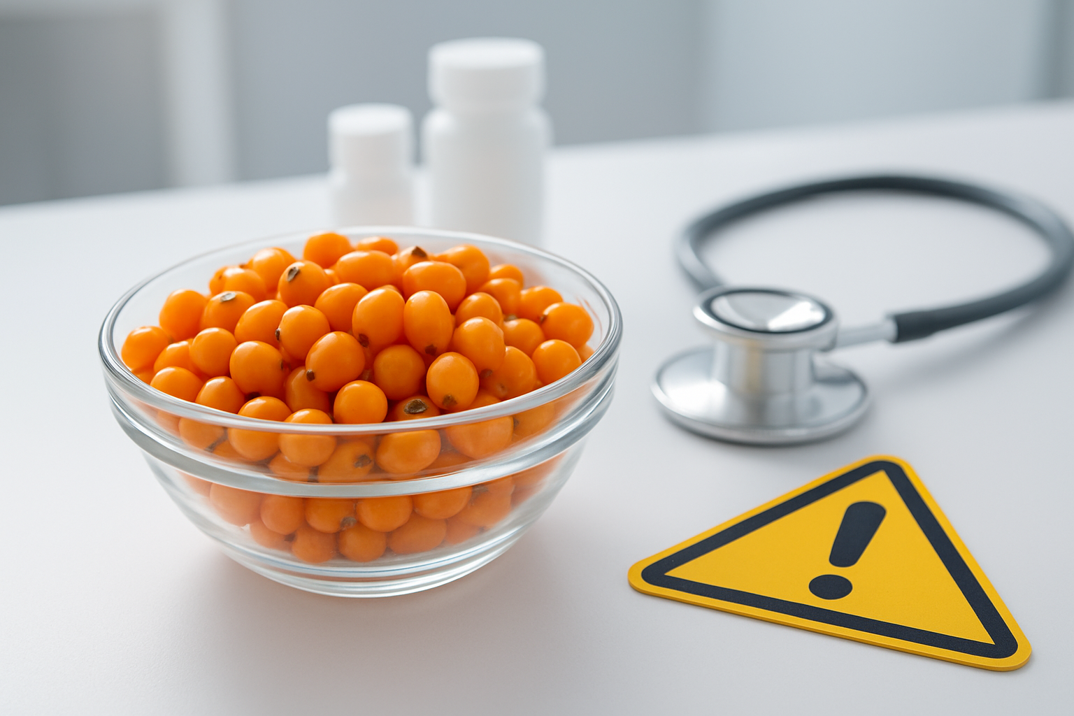 Create a realistic image of sea buckthorn berries in a clear glass bowl on a clean white medical or laboratory table, with a subtle warning symbol or caution sign visible nearby, complemented by a medical stethoscope and small pill bottles in soft focus in the background, under bright clinical lighting that creates a professional healthcare atmosphere, conveying careful consideration of supplement safety. Absolutely NO text should be in the scene.