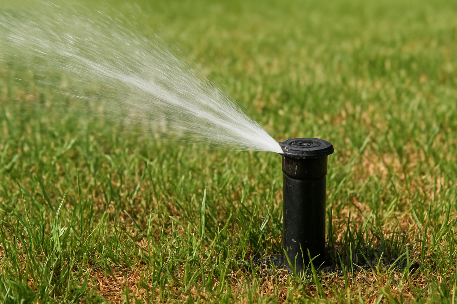 Create a realistic image of a sprinkler head in a residential lawn with visible water spray pattern showing uneven water pressure, where one side has strong water flow while the other side has weak or intermittent spray, green grass background with some brown patches indicating inadequate watering, clear daylight lighting, close-up perspective focusing on the sprinkler mechanism and water distribution pattern, absolutely NO text should be in the scene.