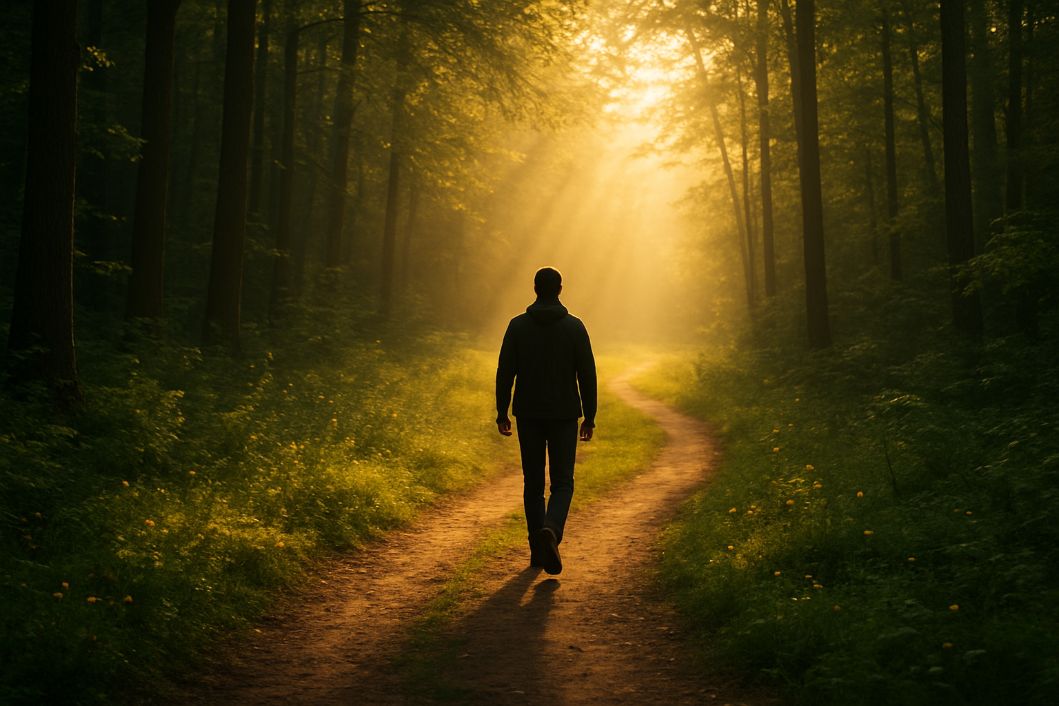 Create a realistic image of a person walking along a winding forest path bathed in warm golden sunlight filtering through tall trees, with the figure moving away from dark shadows behind them toward a bright clearing ahead, featuring lush green foliage on both sides of the dirt trail, scattered wildflowers growing along the path edges, and soft rays of morning light creating a hopeful atmosphere that symbolizes moving forward on a healing journey, absolutely NO text should be in the scene.