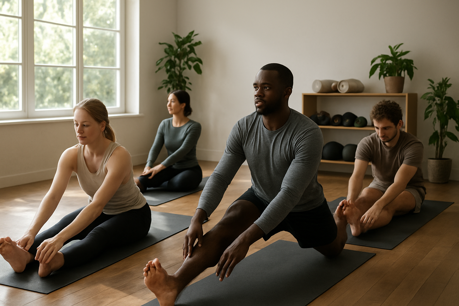 Create a realistic image of a peaceful indoor fitness studio with natural lighting streaming through large windows, featuring a diverse group including a white female and black male person in comfortable athletic wear performing various stretching and mobility exercises on yoga mats, with some doing seated forward folds, others in gentle spinal twists, and one person demonstrating a hip flexor stretch, surrounded by minimal fitness equipment like resistance bands and foam rollers neatly arranged on wooden shelves, with indoor plants adding a calming atmosphere, soft shadows creating depth, and a serene, accomplished mood suggesting the successful completion of a flexibility and mobility journey, absolutely NO text should be in the scene.