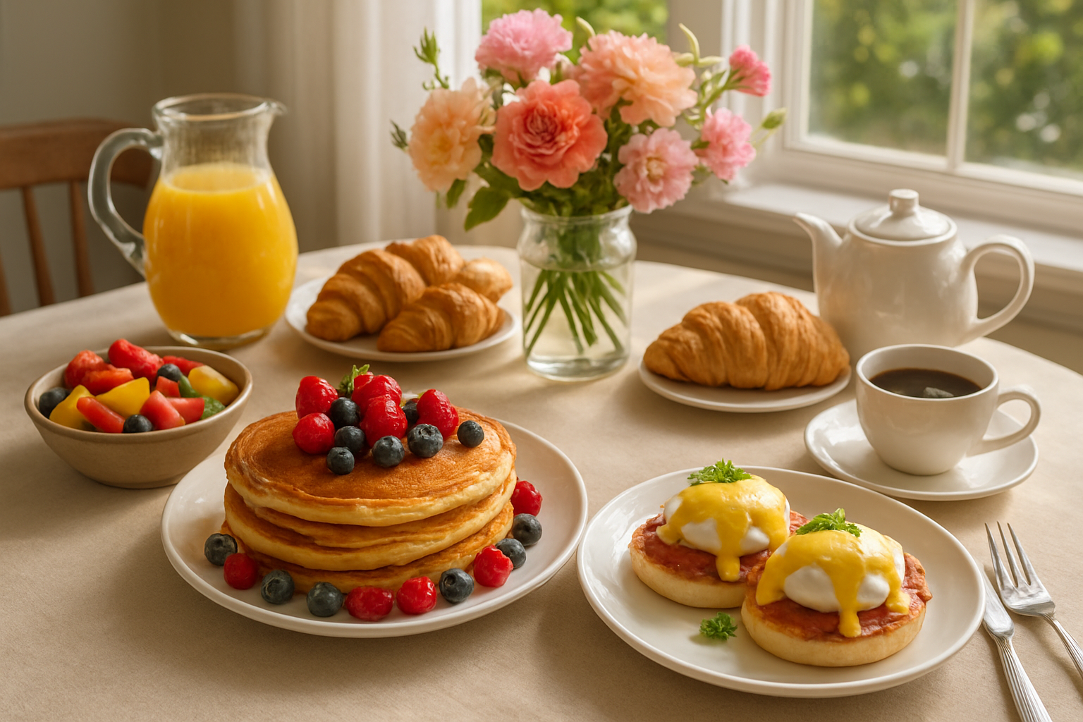 Create a realistic image of an elegant brunch spread on a beautifully set dining table featuring golden pancakes with berries, eggs benedict with hollandaise sauce, fresh fruit salad, croissants, orange juice in a glass pitcher, coffee in a white ceramic pot, and colorful flowers in a vase as centerpiece, with soft natural morning light streaming through a window creating a warm and inviting atmosphere perfect for Mother's Day celebration, absolutely NO text should be in the scene.