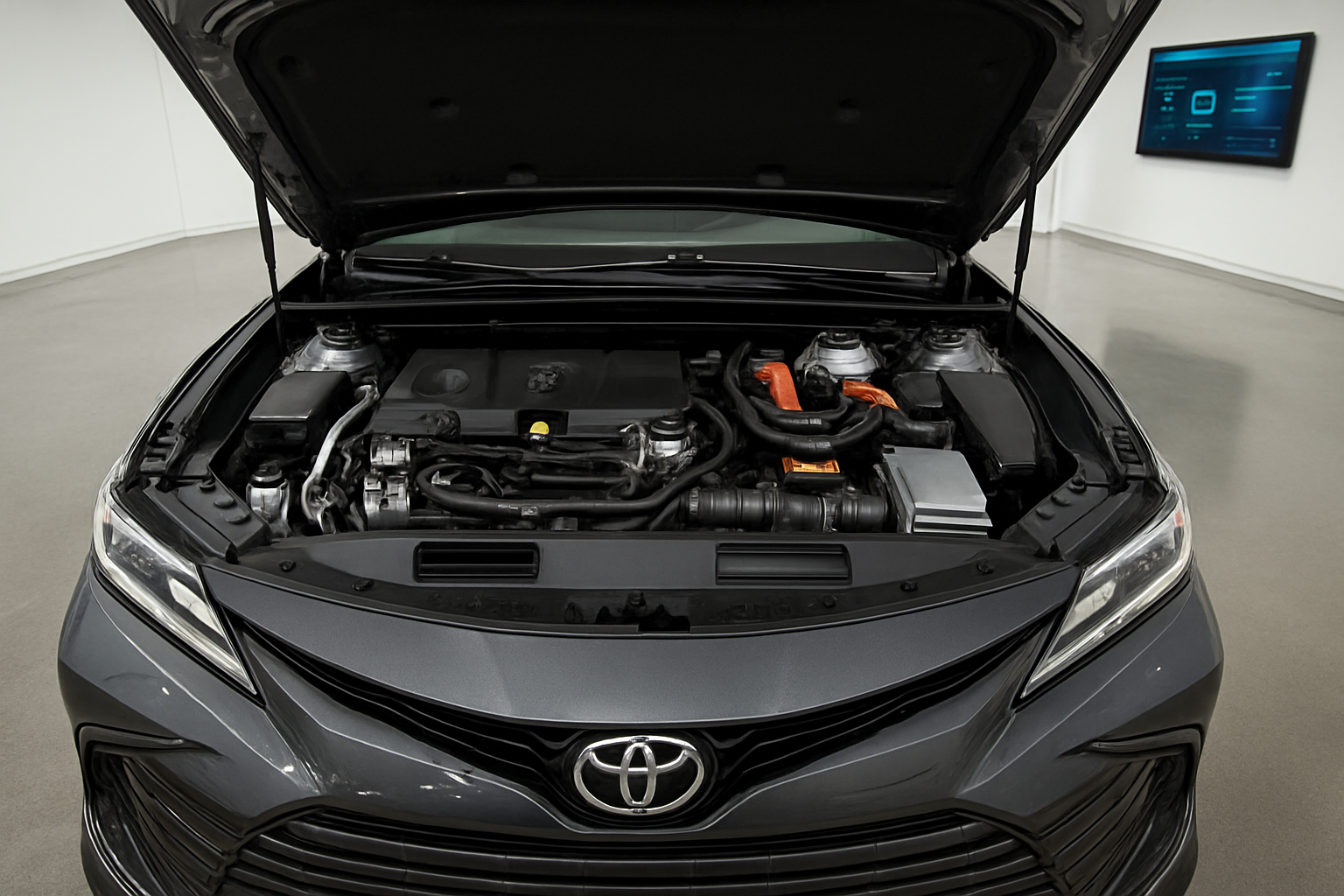 Create a realistic image of a sleek 2026 Toyota Camry engine bay with an open hood showcasing a modern hybrid powertrain system, featuring visible engine components, electric motor elements, and advanced technology integration, set in a clean automotive showroom environment with bright professional lighting, complemented by a subtle digital display showing fuel efficiency ratings and performance metrics in the background, with polished concrete floors and modern automotive setting. Absolutely NO text should be in the scene.