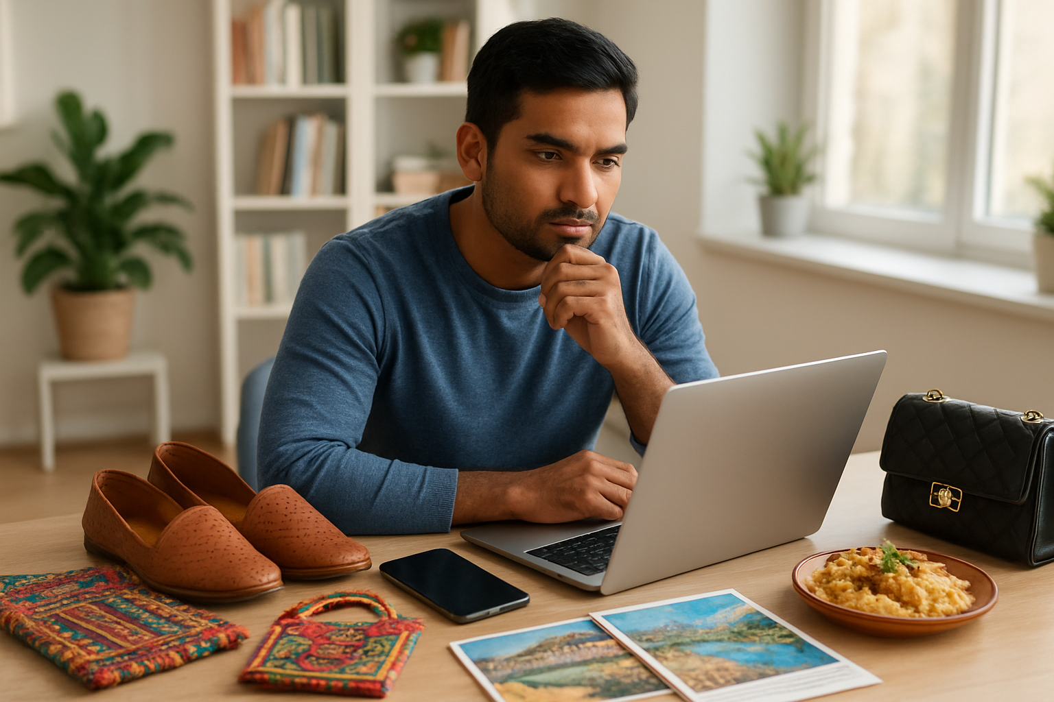 Create a realistic image of a South Asian male blogger sitting at a modern desk with a laptop, surrounded by visual representations of different Pakistani market niches including traditional handicrafts, technology gadgets, food items, fashion accessories, and travel brochures scattered on the desk, with a bright and organized home office background featuring bookshelves and plants, natural daylight streaming through a window creating a productive and inspiring atmosphere, the person appearing thoughtful while analyzing market opportunities, Absolutely NO text should be in the scene.