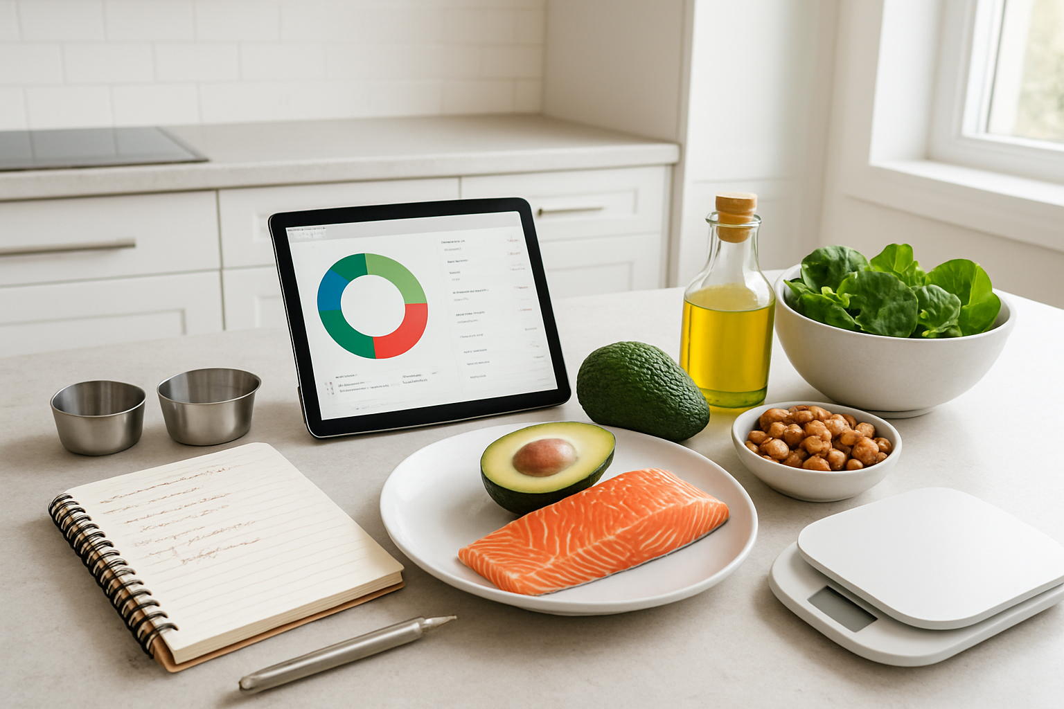 Create a realistic image of a clean, organized kitchen counter with a meal planning setup showing keto-friendly foods like avocados, salmon, leafy greens, nuts, and olive oil arranged alongside a sleek digital tablet displaying a nutrition tracking app, a notebook with handwritten meal plans, measuring cups, and a food scale, all set against a bright, modern kitchen background with natural lighting streaming through a window, conveying a sense of health-focused meal preparation and personalized nutrition planning, absolutely NO text should be in the scene.