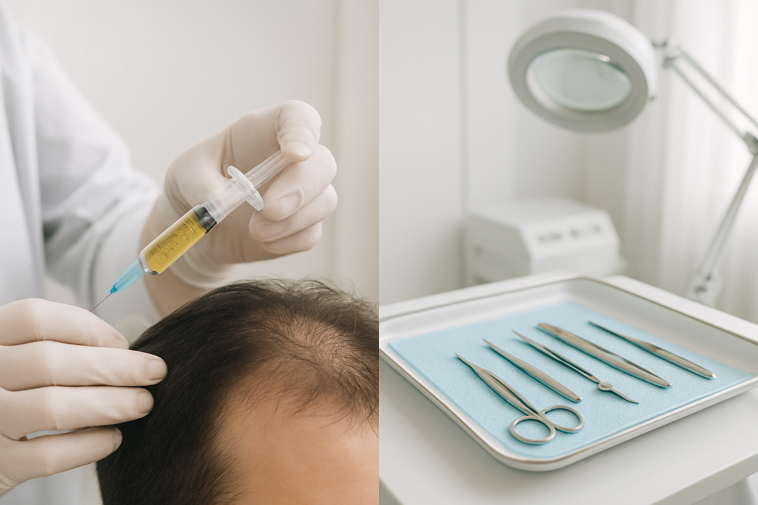 Create a realistic image of a split-screen comparison showing two different hair restoration approaches: on the left side, a medical professional's hands holding a syringe with platelet-rich plasma solution near a patient's scalp, and on the right side, a clinical setting showing hair transplant surgical instruments on a sterile tray with magnifying equipment in the background, both sides featuring clean white medical environments with soft professional lighting, the scene conveying a sense of medical expertise and treatment options, absolutely NO text should be in the scene.