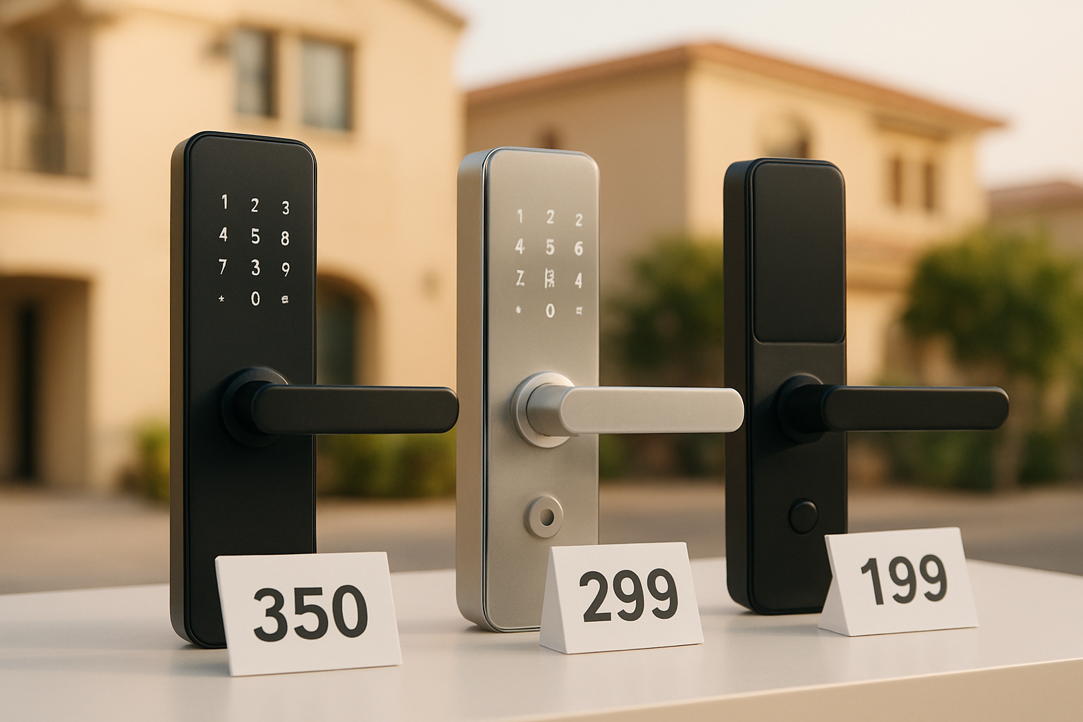 Create a realistic image of affordable smart door locks displayed on a clean white surface with price tags showing budget-friendly prices in UAE dirhams, featuring sleek modern electronic door handles and keypads in black and silver finishes, with a Middle Eastern residential building blurred in the background under warm natural lighting, creating a professional product showcase atmosphere that emphasizes value and accessibility for UAE homeowners, absolutely NO text should be in the scene.