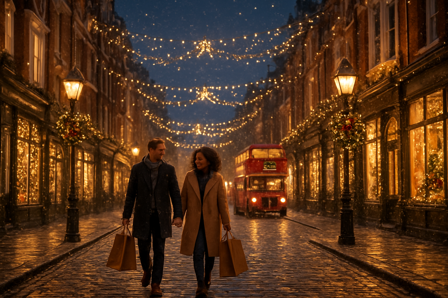 Create a realistic image of a picturesque London street scene during Christmas evening with warm golden street lights illuminating decorated Victorian buildings, festive Christmas lights twinkling overhead between buildings, a white male and black female couple walking hand-in-hand wearing winter coats while carrying shopping bags, snow gently falling, traditional red double-decker bus in the background, Christmas wreaths on lamp posts, warm glowing shop windows displaying holiday decorations, cobblestone street reflecting the magical holiday lighting, creating a cozy and enchanting winter atmosphere that captures the essence of London's Christmas magic, absolutely NO text should be in the scene.