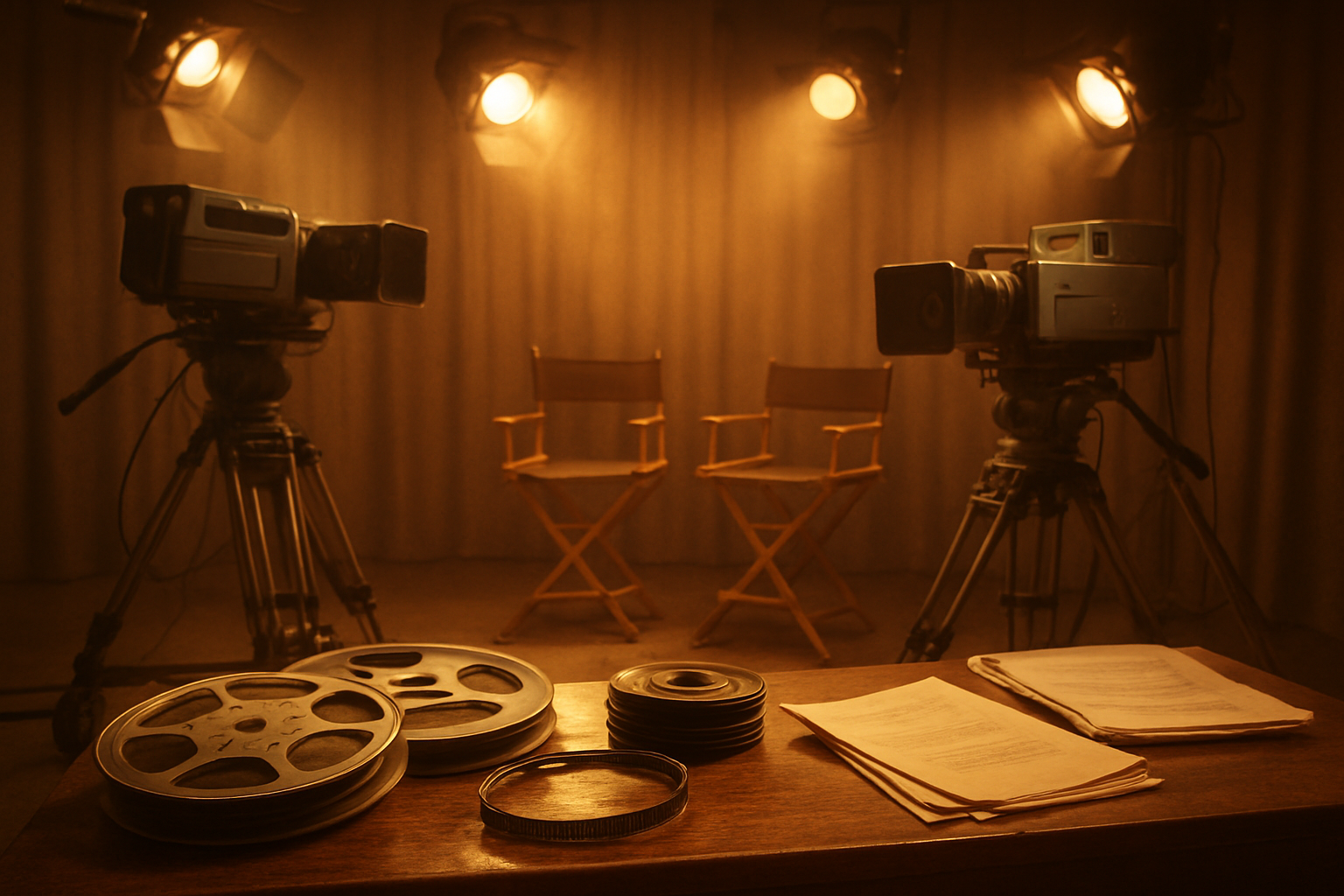 Create a realistic image of a vintage television studio set from the 1970s-80s era with classic TV cameras, studio lighting equipment, and film reels scattered on a wooden desk, featuring warm nostalgic lighting that creates a golden glow across the scene, with director's chairs and script pages visible in the background, capturing the essence of classic television production during the golden age of TV, absolutely NO text should be in the scene.