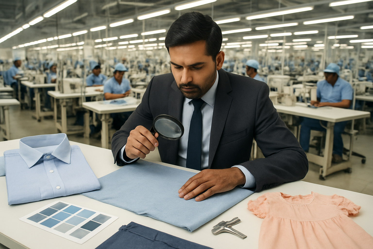 Create a realistic image of a professional Indian textile factory floor with high-quality shirt and children