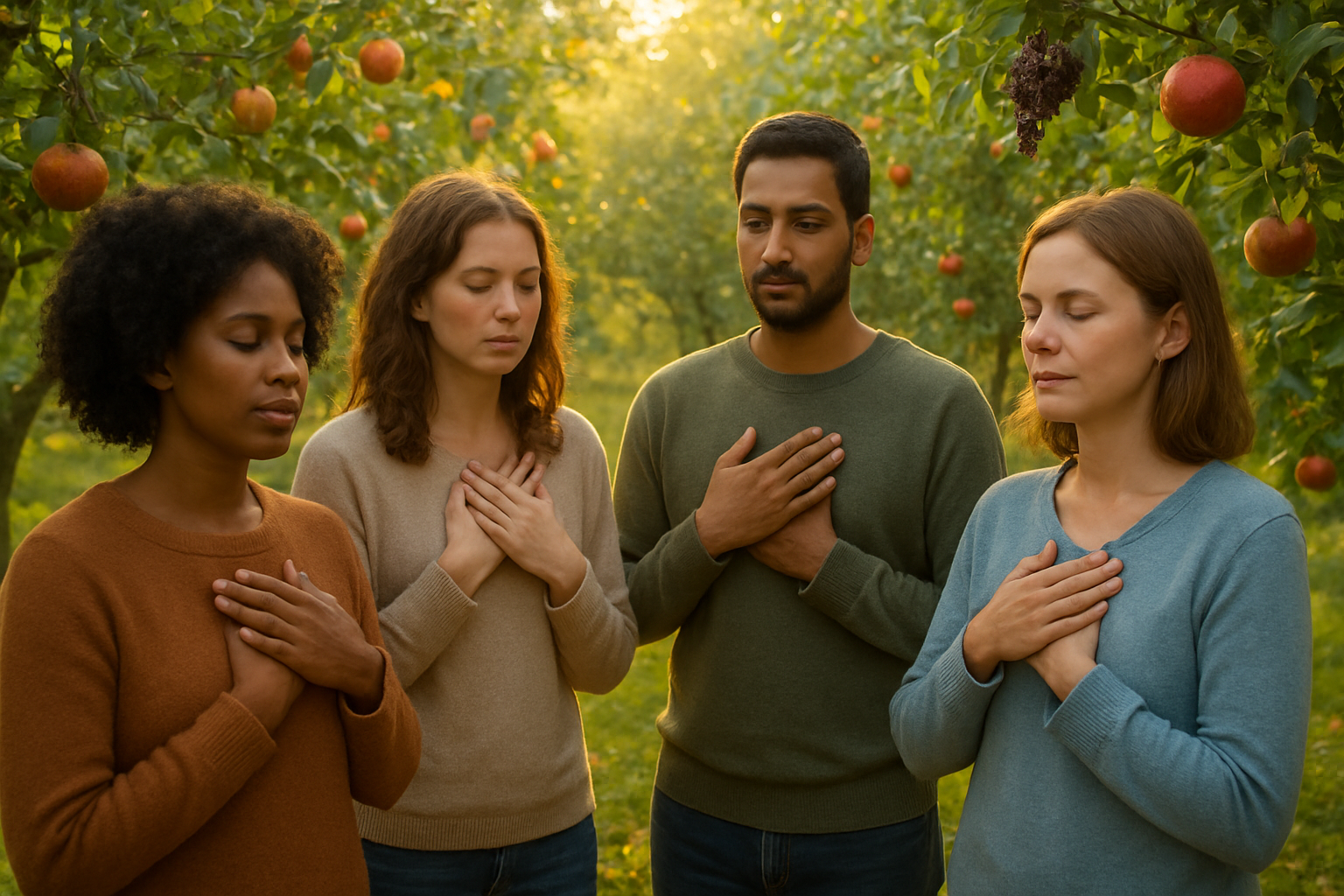 Create a realistic image of a diverse group of people of different races and genders standing in a circle with their hands gently placed over their hearts, surrounded by lush fruit trees bearing ripe, colorful fruits like apples, grapes, and pomegranates, with soft golden sunlight filtering through the branches creating a warm, peaceful atmosphere, set in a serene garden or orchard with gentle morning light illuminating their faces showing expressions of compassion and spiritual connection, absolutely NO text should be in the scene.