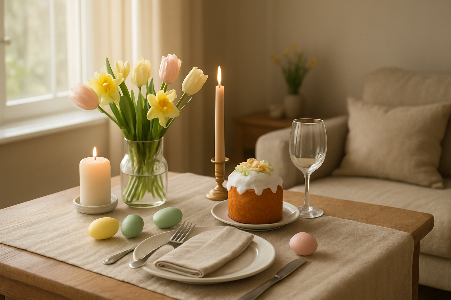 Create a realistic image of a cozy indoor scene showing a beautifully set dining table for one person with elegant Easter decorations including pastel-colored Easter eggs, fresh spring flowers in a vase, lit candles, and a small decorated Easter cake, with soft natural lighting streaming through a nearby window, creating a warm and peaceful atmosphere that conveys personal celebration and mindful solitude, surrounded by comfortable home furnishings and subtle spring decor elements like tulips or daffodils, absolutely NO text should be in the scene.