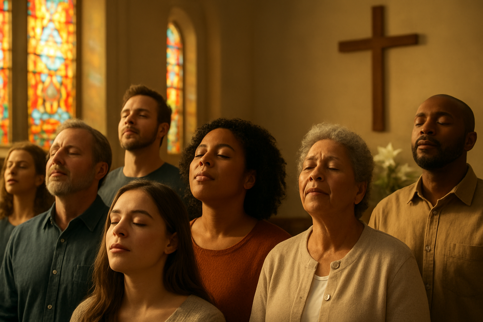 Create a realistic image of a diverse group of worshippers in a softly lit church sanctuary with their eyes closed and faces uplifted in peaceful expression, including white, black, and Hispanic males and females of various ages, with warm golden light streaming through stained glass windows casting colorful reflections, a wooden cross visible in the background, and Easter lilies adorning the altar area, capturing a moment of deep spiritual connection and emotional reverence during worship, absolutely NO text should be in the scene.