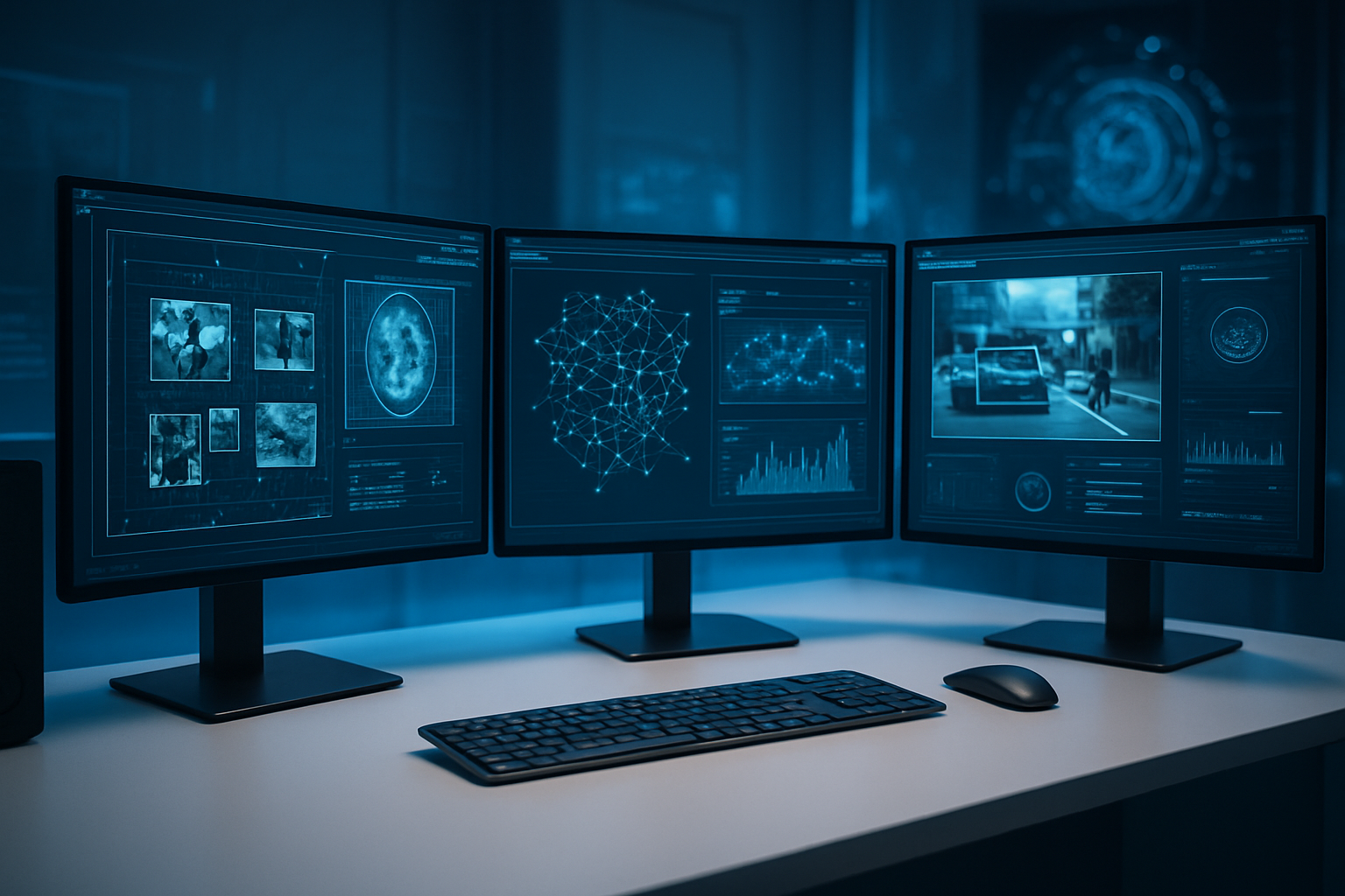 Create a realistic image of a sleek modern computer workstation with multiple high-resolution monitors displaying various AI visual recognition interfaces, showing image analysis results, object detection overlays, and pattern recognition algorithms at work, with a sophisticated digital workspace setup featuring clean white desk, ambient blue LED lighting, and futuristic technology elements in the background, conveying an advanced technological atmosphere of cutting-edge AI tools processing visual data. Absolutely NO text should be in the scene.