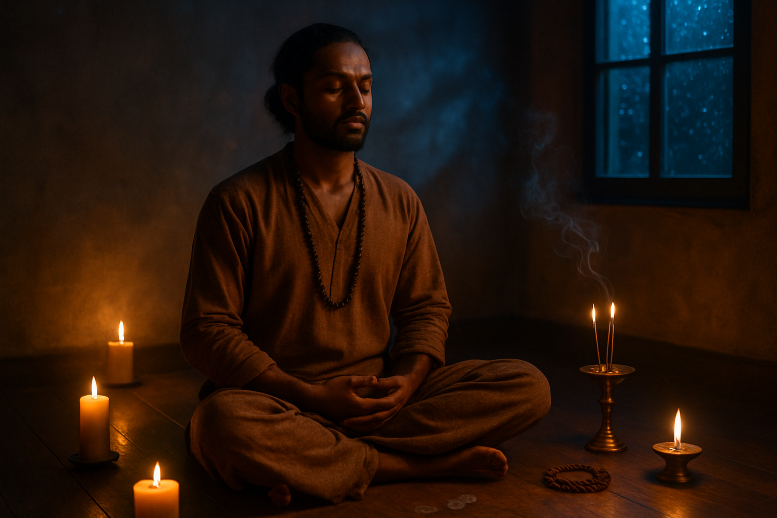 Create a realistic image of a serene Indian person with brown skin sitting cross-legged in deep meditation pose on a wooden floor, surrounded by soft golden candlelight, with traditional brass oil lamps and incense sticks creating gentle smoke wisps, starlight streaming through an open window creating mystical patterns on the walls, prayer beads and small crystals placed nearby, warm ambient lighting with deep blues and golden hues creating a peaceful spiritual atmosphere, absolutely NO text should be in the scene.