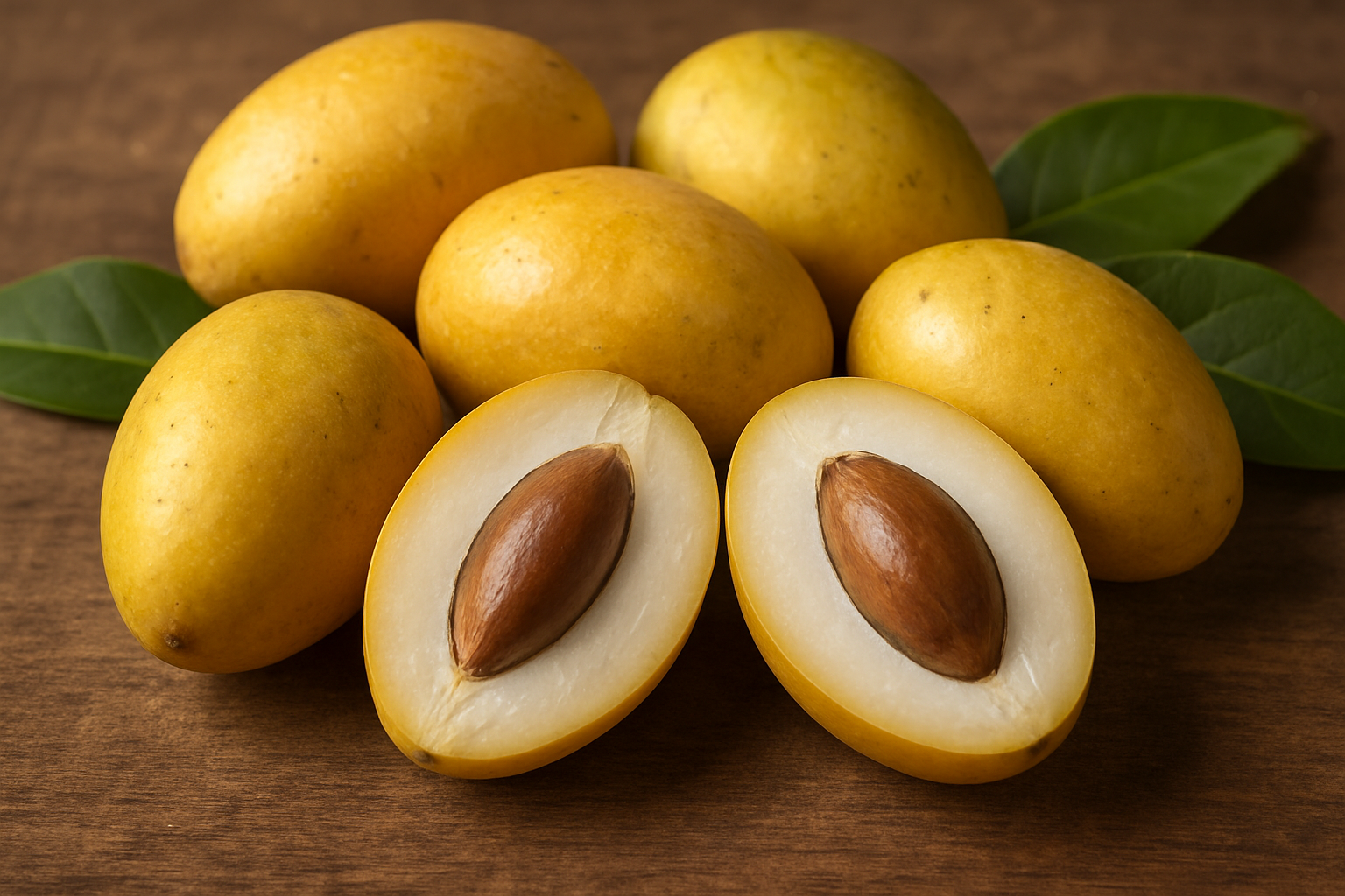 Create a realistic image of fresh ambarella fruits displayed to showcase their distinctive physical characteristics, featuring whole oval-shaped golden-yellow fruits with smooth waxy skin alongside cut cross-sections revealing the white fibrous flesh and large brown seed inside, arranged on a natural wooden surface with soft natural lighting that highlights the fruit's texture and color variations, surrounded by a few green ambarella leaves for context, shot in macro detail style to emphasize the identifying features of size, shape, skin texture, and internal structure, absolutely NO text should be in the scene.