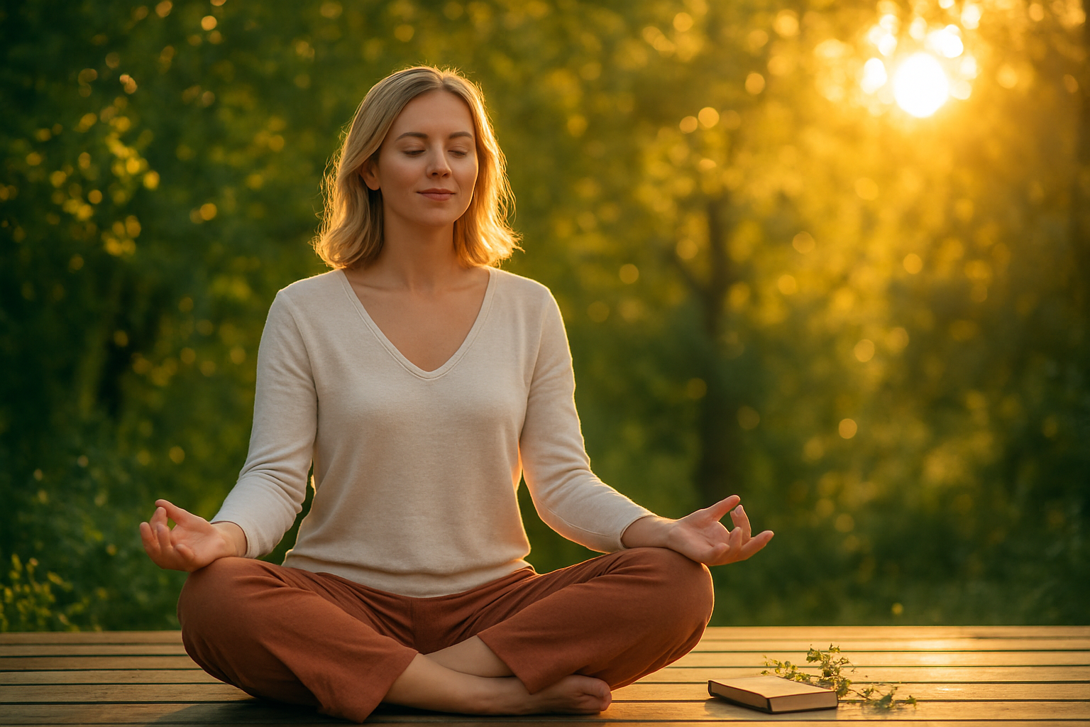 Create a realistic image of a serene outdoor setting at golden hour, where a white female sits cross-legged on a wooden deck surrounded by lush greenery, her hands resting gently on her knees with palms facing upward in a gesture of openness and gratitude, soft warm sunlight streaming through the trees and casting a glowing ethereal light around her, a small journal and a few wildflowers placed beside her, the overall atmosphere radiating peace, positivity, and spiritual upliftment, with a bokeh background of soft green leaves and golden light creating a dreamy, transcendent mood. Absolutely NO text should be in the scene.