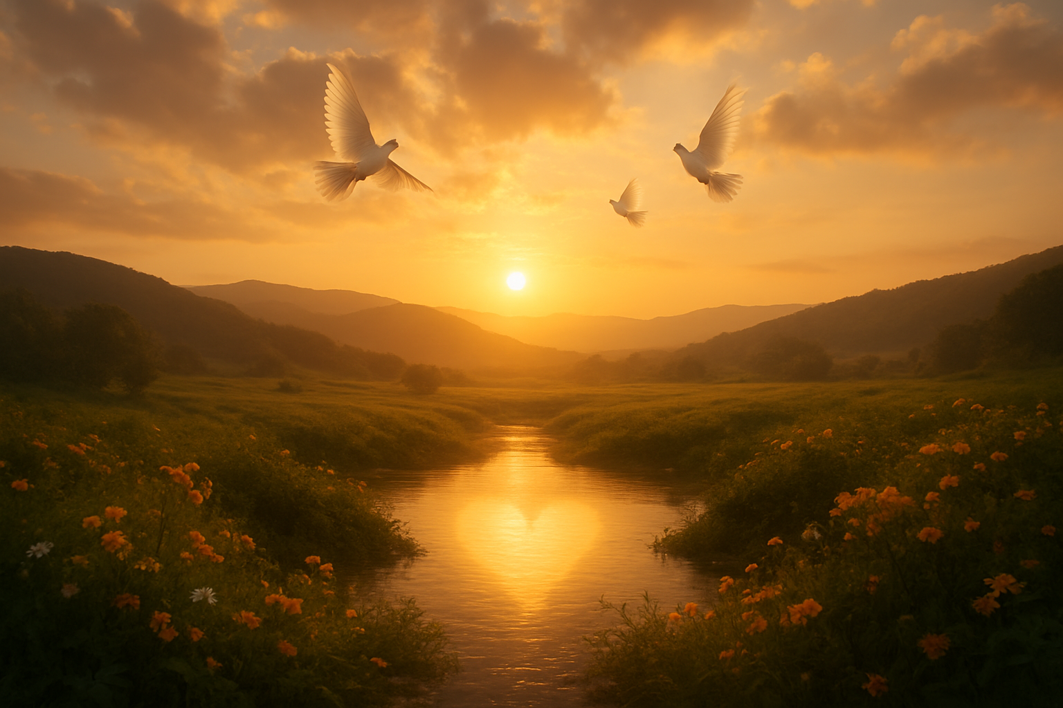 Create a realistic image of a warm, golden sunrise breaking through soft clouds over a peaceful landscape with rolling hills and a gentle stream, where the golden light creates a heart-shaped reflection on the calm water surface, surrounded by blooming flowers and lush greenery, with doves flying peacefully in the sky, creating an atmosphere of divine love, hope, and spiritual transformation, with soft warm lighting that evokes feelings of peace, love, and spiritual connection, absolutely NO text should be in the scene.