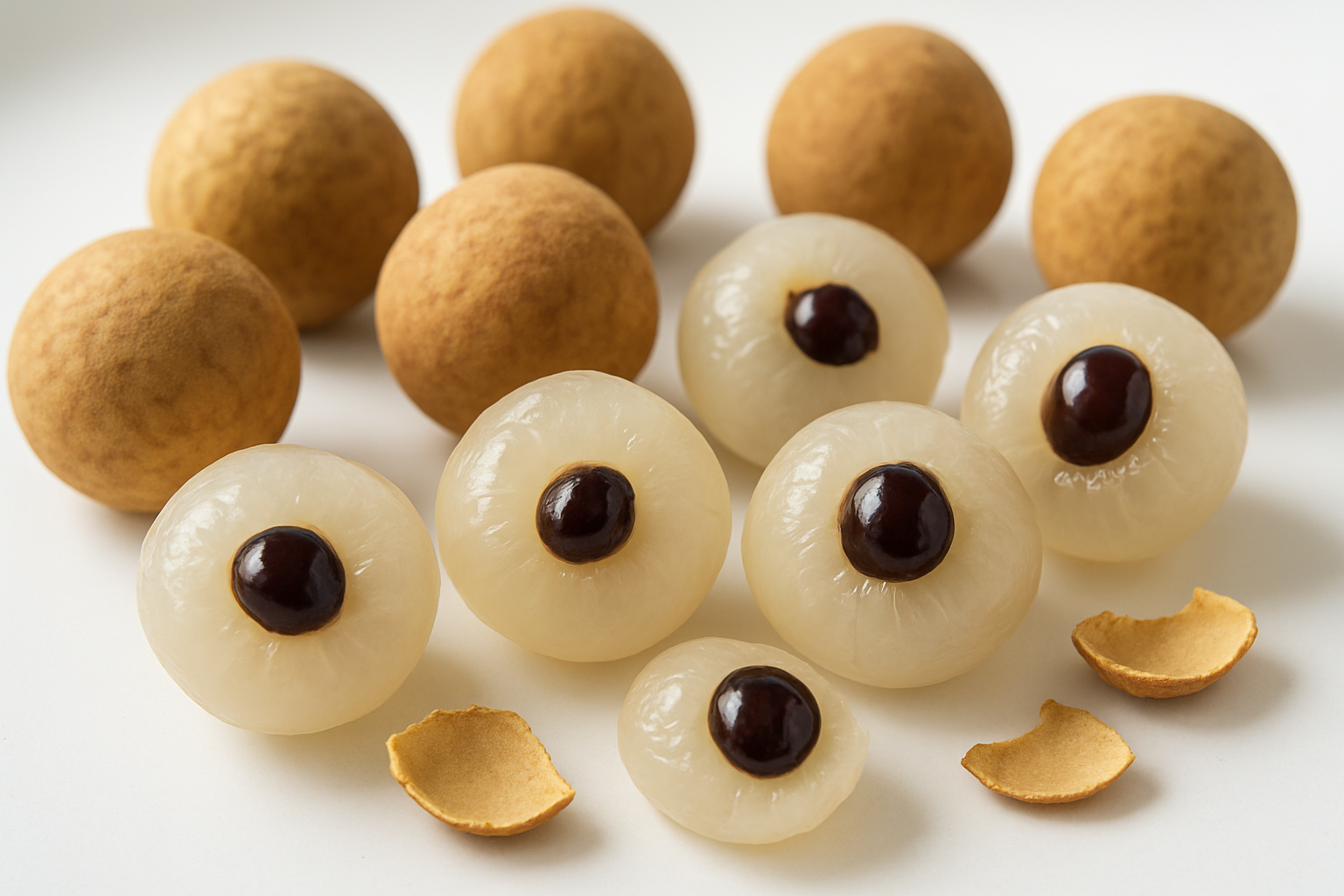 Create a realistic image of fresh longan fruits displayed to showcase their distinctive characteristics, featuring both whole longans with their tan-colored, rough textured skin and several peeled longans revealing the translucent white flesh with dark seeds visible inside, arranged on a clean white surface with natural daylight lighting that highlights the contrast between the brown exterior shell and pearl-like interior flesh, shot from a slightly elevated angle to show the fruits' round shape and size comparison, with a few longan shells scattered nearby to emphasize the peeling process, absolutely NO text should be in the scene.