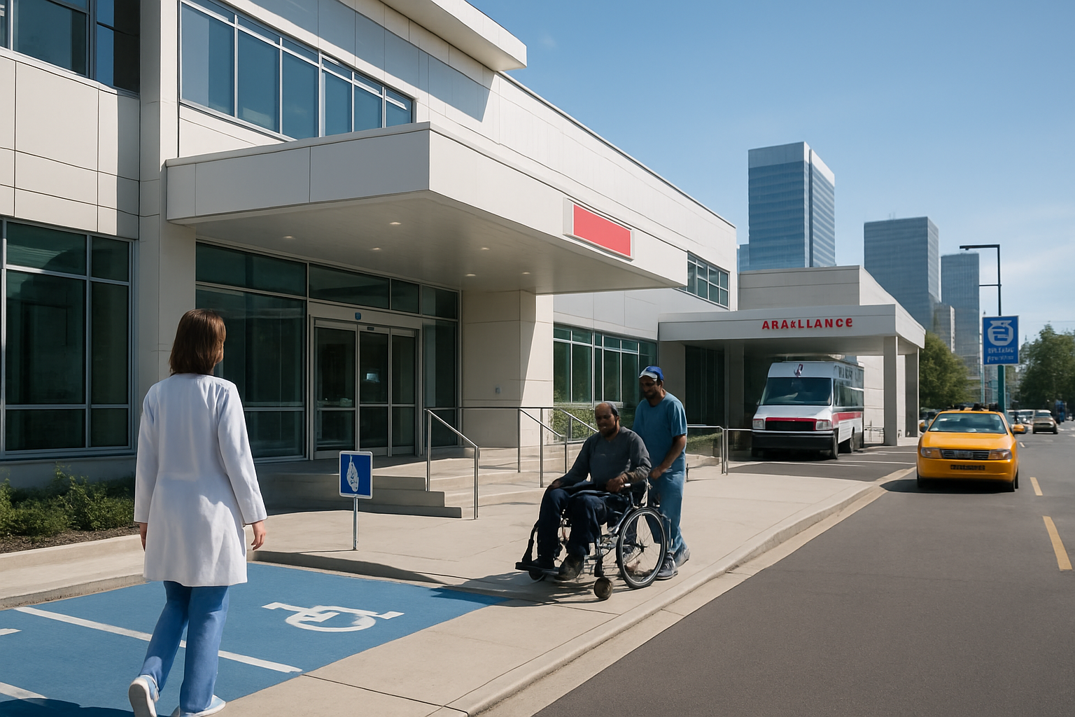 Create a realistic image of a modern hospital building exterior with clear road signs and directional markers, showing a well-lit entrance with ambulance bay, accessible wheelchair ramps, and parking areas, featuring a white female doctor in scrubs walking towards the entrance while a black male patient in a wheelchair is being assisted by a healthcare worker near the accessible entrance, with urban cityscape in the background, bright daylight lighting, clean and professional medical facility architecture, and multiple transportation options visible including public transit stops and taxi lanes nearby, absolutely NO text should be in the scene.