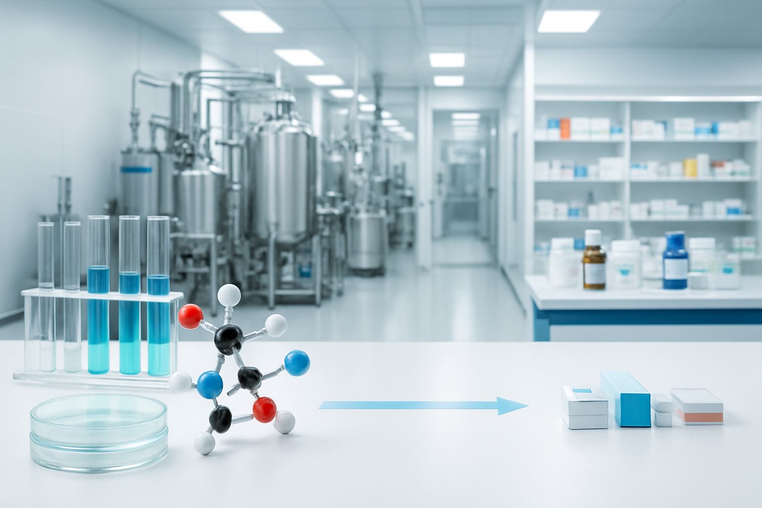 Create a realistic image of a scientific laboratory workbench with test tubes, petri dishes, and molecular models in the foreground transitioning to a modern pharmaceutical manufacturing facility with stainless steel equipment and clean rooms in the middle ground, leading to a pharmacy counter with medicine bottles and packages in the background, connected by a subtle arrow or pathway flow showing the progression from research to production to market, with bright clean lighting throughout the scene, professional sterile environment with white and blue color scheme. Absolutely NO text should be in the scene.