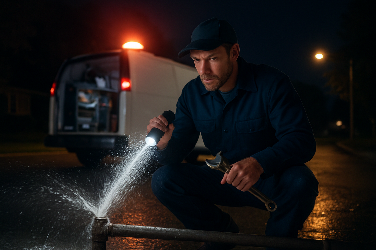 Create a realistic image of a professional white male plumber in work uniform and tool belt responding to an emergency call at night, kneeling beside a burst pipe with water spraying, holding a wrench and flashlight, with a fully equipped plumber's van parked in the background on a residential street under streetlights, conveying urgency and 24/7 availability, with dark nighttime lighting and emergency vehicle lights creating a professional emergency response atmosphere, absolutely NO text should be in the scene.