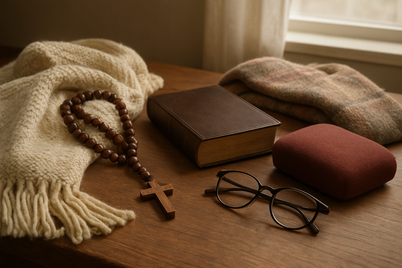 Create a realistic image of comfort items for prayer and worship arranged on a wooden table including a soft knitted prayer shawl in cream color, a leather-bound Bible with gold edges, a wooden rosary with brown beads, a small cushioned kneeler in burgundy fabric, reading glasses, and a warm throw blanket in muted earth tones, set in a peaceful indoor setting with soft natural lighting from a nearby window, creating a serene and contemplative atmosphere. Absolutely NO text should be in the scene.