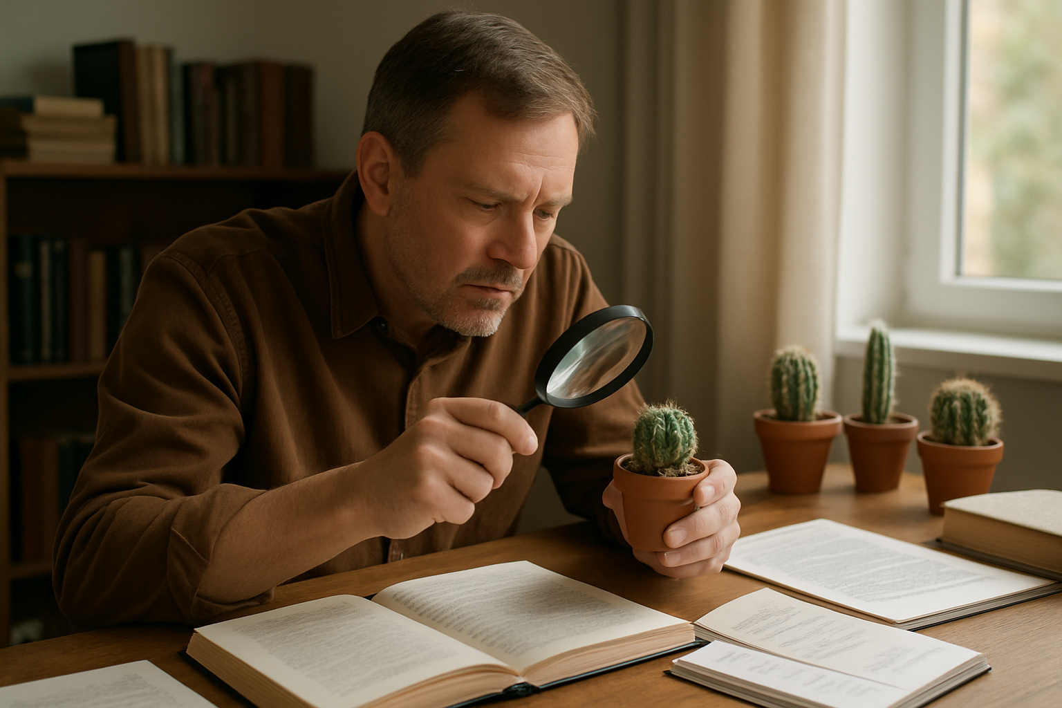 Where to Buy Peyote Cactus USA: Legal Guide for Exotic Plant Collectors - Psychedelic Today Create A Realistic Image Of A Middle-Aged White Male Carefully Examining A Small Peyote Cactus With A Magnifying Glass At A Wooden Desk, With Notebooks, Legal Documents, And Reference Books About Cacti Spread Around Him, Complemented By Other Small Potted Cacti In The Background, Set In A Well-Lit Home Office Environment With Natural Window Lighting Creating A Studious And Contemplative Atmosphere, Absolutely No Text Should Be In The Scene.