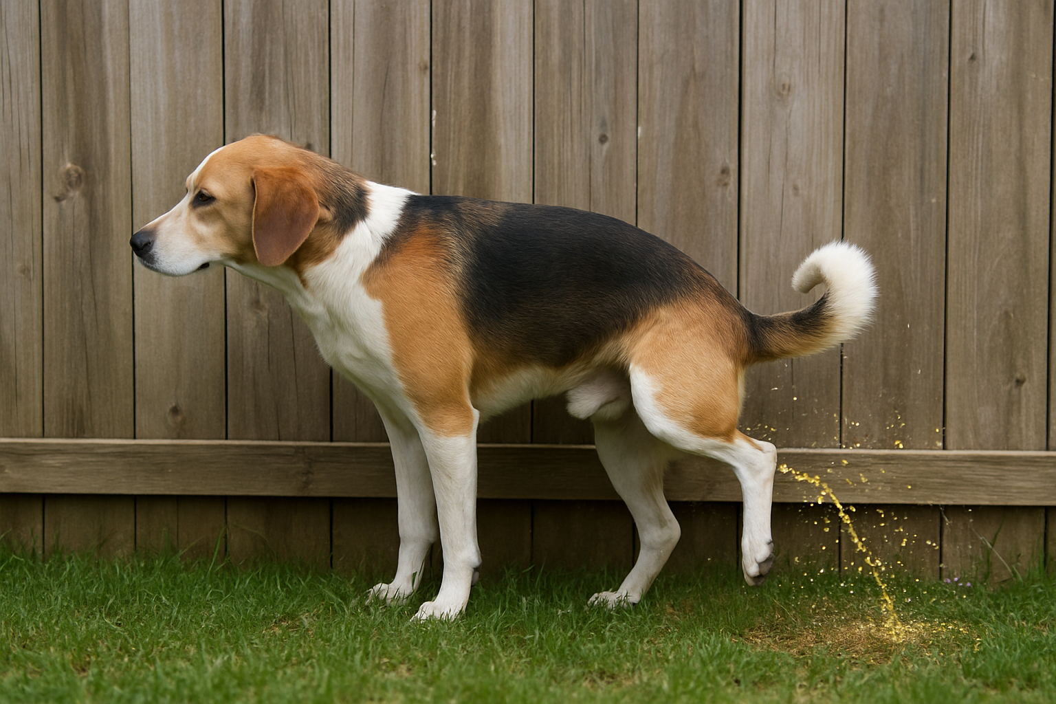 Create a realistic image of a medium-sized dog in a side profile view lifting its leg to urinate against a wooden fence, with visible urine stream creating splash droplets on the fence surface and ground, set in a backyard with grass and natural daylight, showing the mechanics of how urine splashes during the urination process, captured in a educational and informative style with clear detail of the splashing action, absolutely NO text should be in the scene.