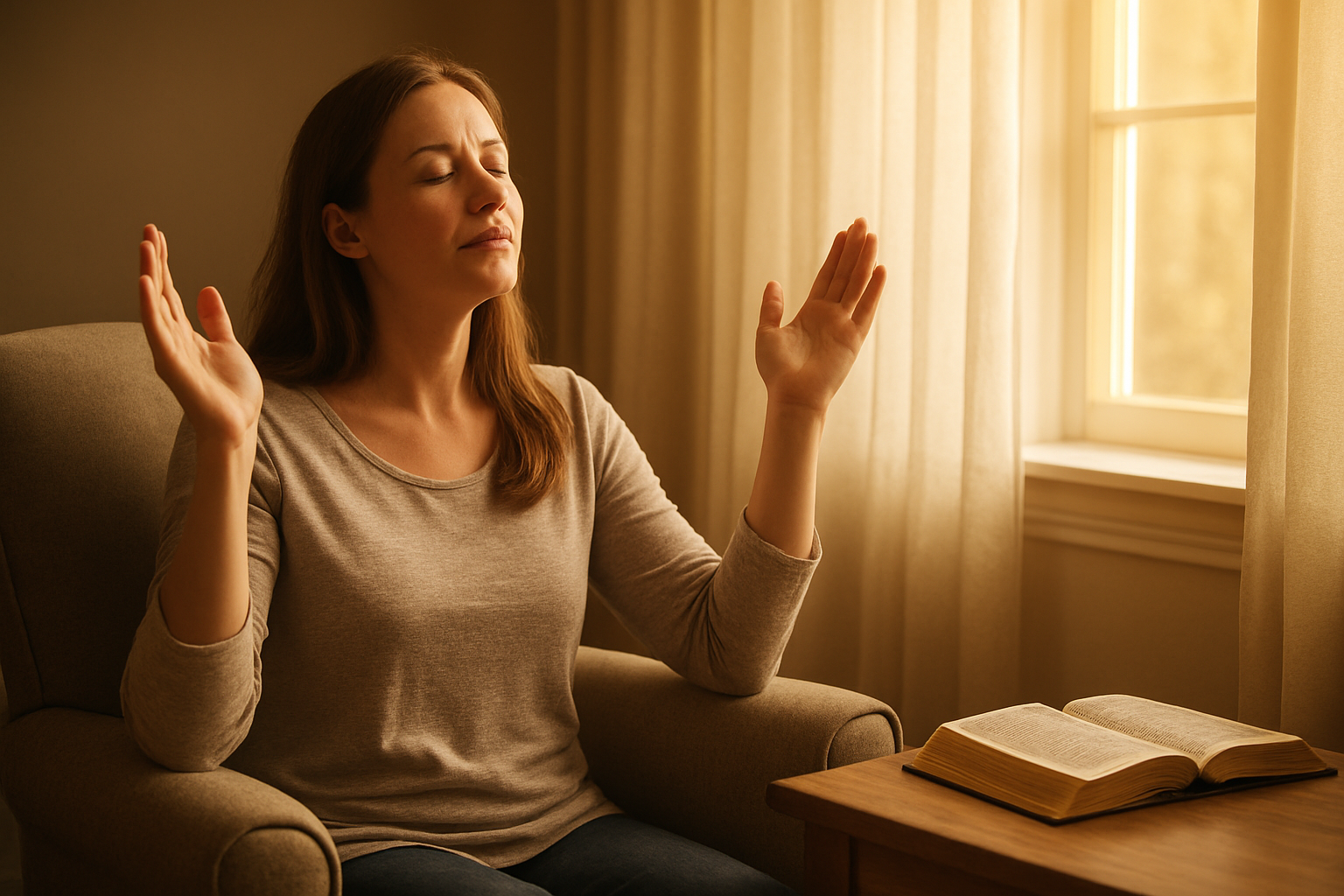 Create a realistic image of a peaceful indoor setting with a white Christian woman in her 30s sitting in a comfortable chair with her eyes closed and hands raised in worship, surrounded by warm golden sunlight streaming through a large window, with an open Bible on a nearby wooden table, soft flowing curtains, and a serene atmosphere that conveys deep spiritual connection and praise, absolutely NO text should be in the scene.