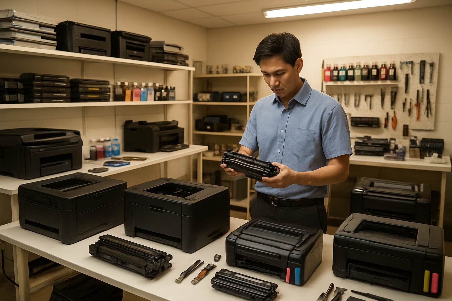 Create a realistic image of a modern printer repair shop interior with multiple black laser printers and colorful inkjet printers arranged on white tables, refilled ink cartridges and toner cartridges displayed on shelves, professional printing equipment and tools scattered around, an Asian male technician in casual work clothes examining a printer cartridge, warm fluorescent lighting illuminating the workspace, clean organized environment with printer parts and supplies visible in the background, absolutely NO text should be in the scene.