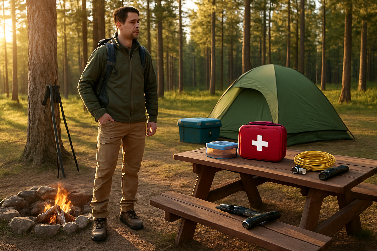 Create a realistic image of a well-organized camping safety scene showing proper injury prevention measures, featuring a white male camper in his 30s wearing appropriate hiking boots and outdoor gear, standing near a clean campsite with a first aid kit prominently displayed on a picnic table, proper food storage containers secured away from the tent, a campfire contained within a stone fire ring with water nearby, hiking poles leaning against a tree, and safety equipment like flashlights and rope neatly arranged, set in a beautiful forest clearing during golden hour lighting with tall pine trees in the background, conveying a mood of preparedness and outdoor safety consciousness, absolutely NO text should be in the scene.