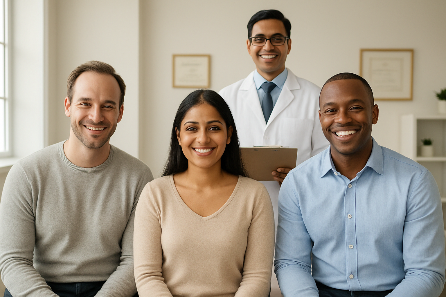 Create a realistic image of a diverse group of satisfied patients including white male, Indian female, and black male sitting comfortably in a modern medical consultation room, showing their restored hairlines with confident smiles while a professional Indian male doctor in white coat stands nearby holding patient files, with soft natural lighting from large windows, clean white walls with framed certificates, and a warm welcoming atmosphere that conveys trust and successful medical outcomes, absolutely NO text should be in the scene.