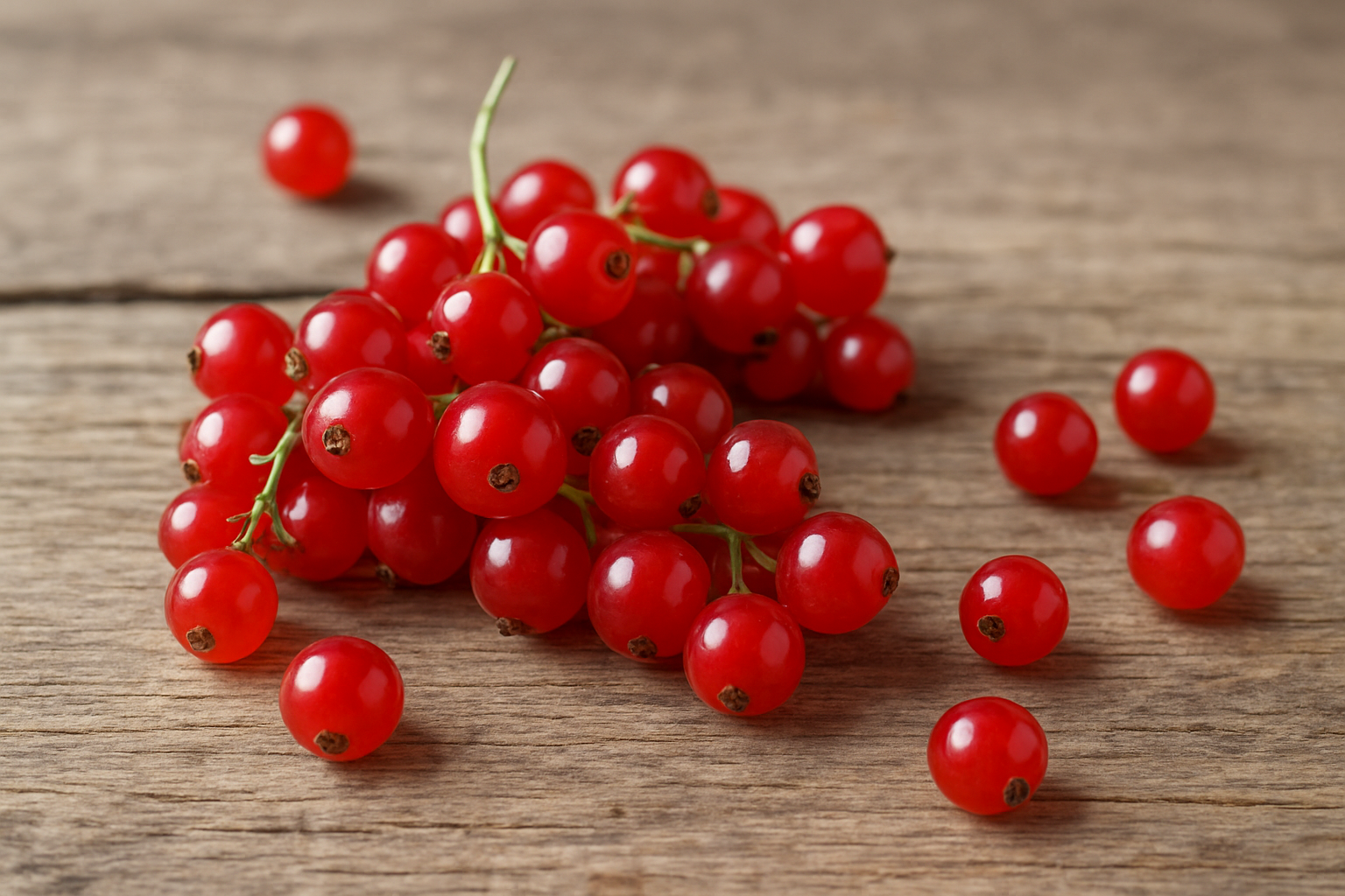 Create a realistic image of fresh red currants displayed on a rustic wooden surface, showing clusters of bright red translucent berries still attached to their delicate green stems, with some individual berries scattered nearby to showcase their small round shape and glossy texture, natural daylight illuminating the scene to highlight the vibrant red color and semi-transparent quality of the berries, clean and minimalist composition focusing on the natural beauty and unique characteristics of red currants, absolutely NO text should be in the scene.